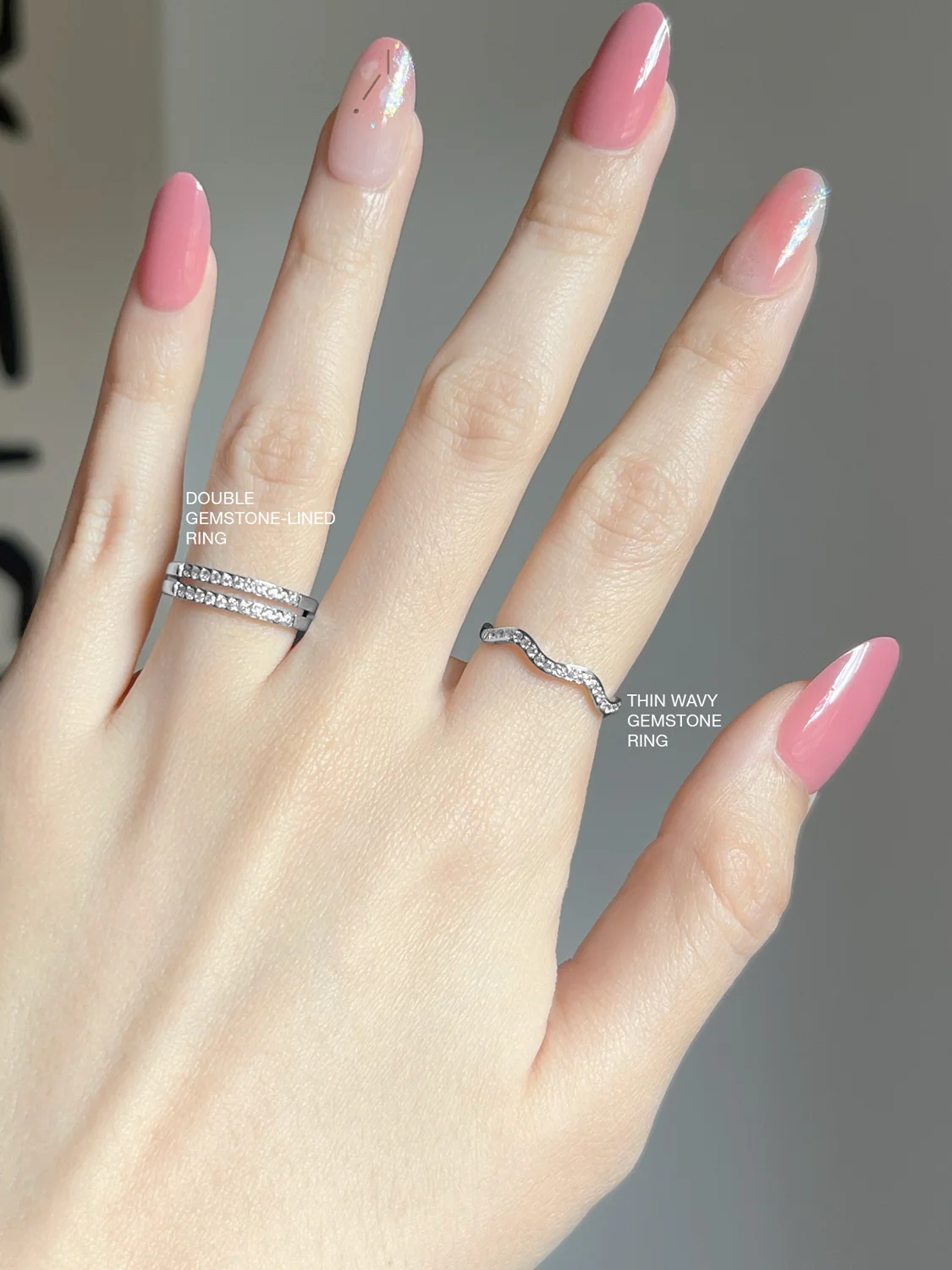 Thin Wavy Gemstone Ring, Stainless Steel - Silver - Image 3