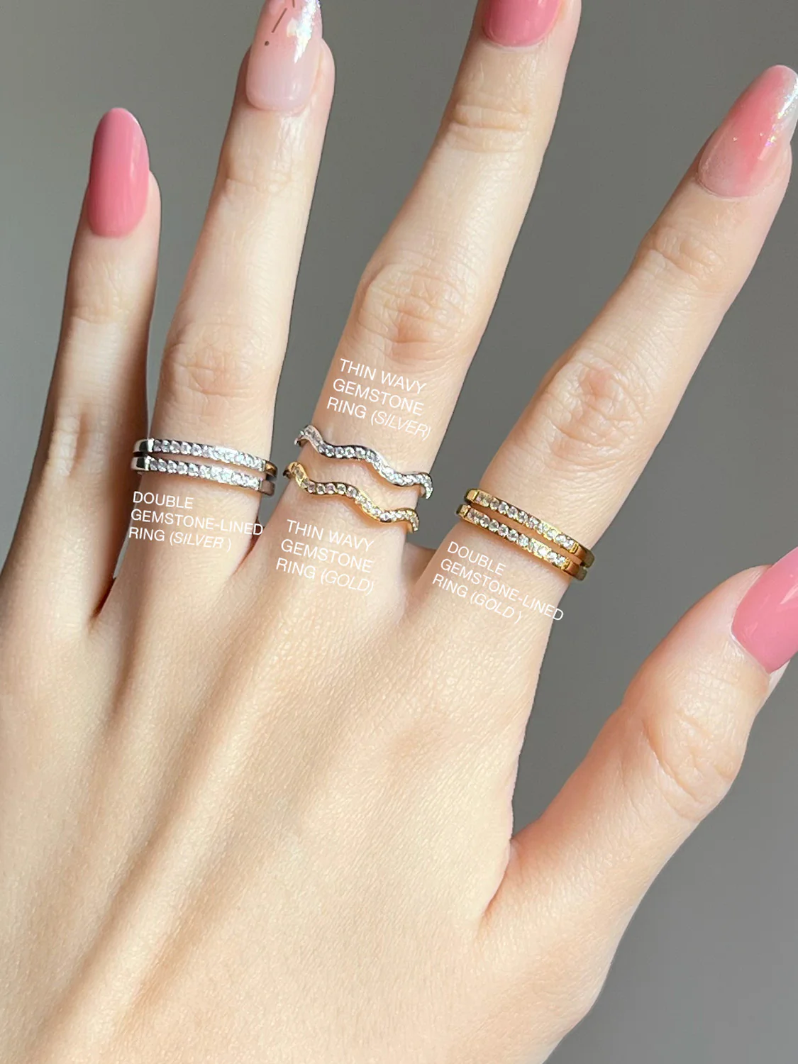 Thin Wavy Gemstone Ring, Stainless Steel - Silver - Image 6