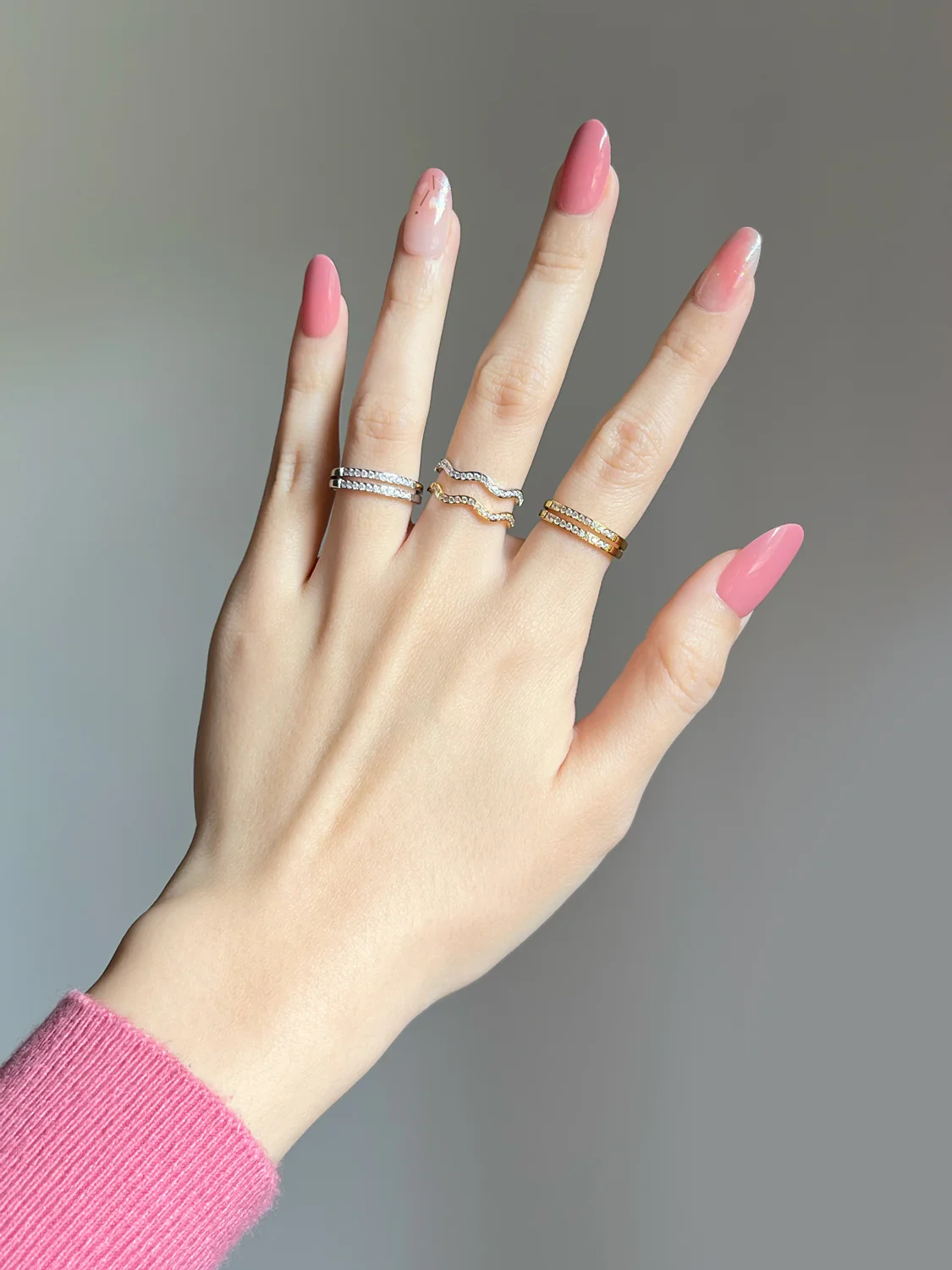 Thin Wavy Gemstone Ring, Stainless Steel - Silver - Image 7