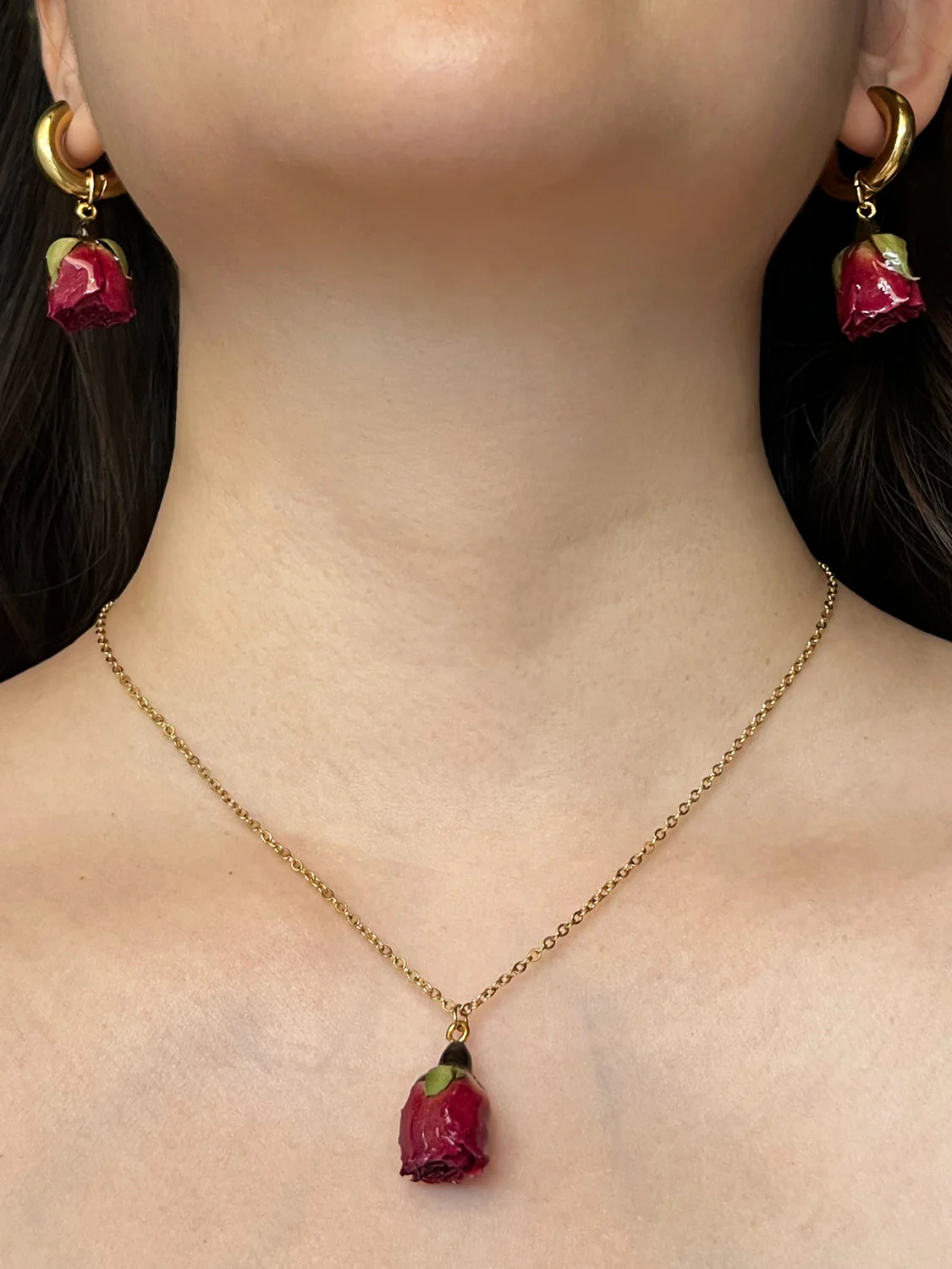 Chunky Gold Hoops - Dried Blood Red Rose Bud - Image 3
