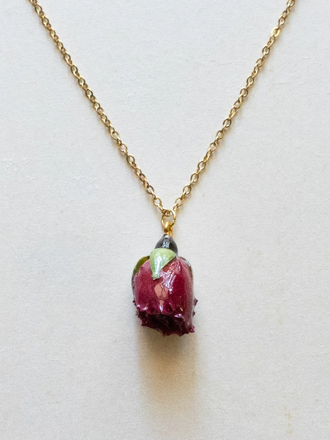 Dried Blood Red Rose Bud Necklace - Stainless Steel, Gold - Image 2