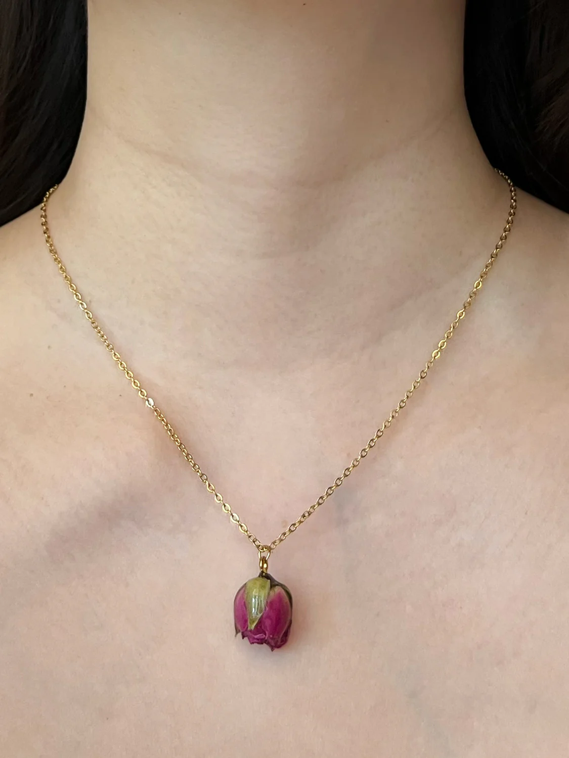 Dried Magenta Pink Rose Bud Necklace - Stainless Steel, Gold - Image 2