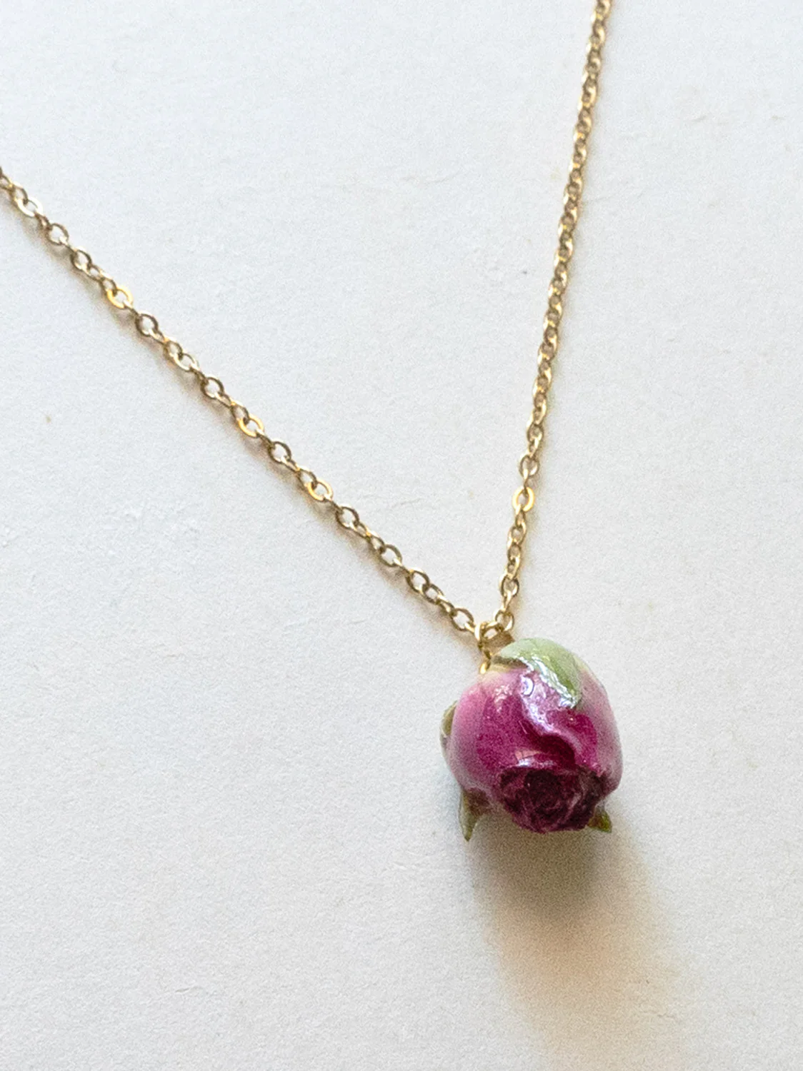 Dried Magenta Pink Rose Bud Necklace - Stainless Steel, Gold - Image 3