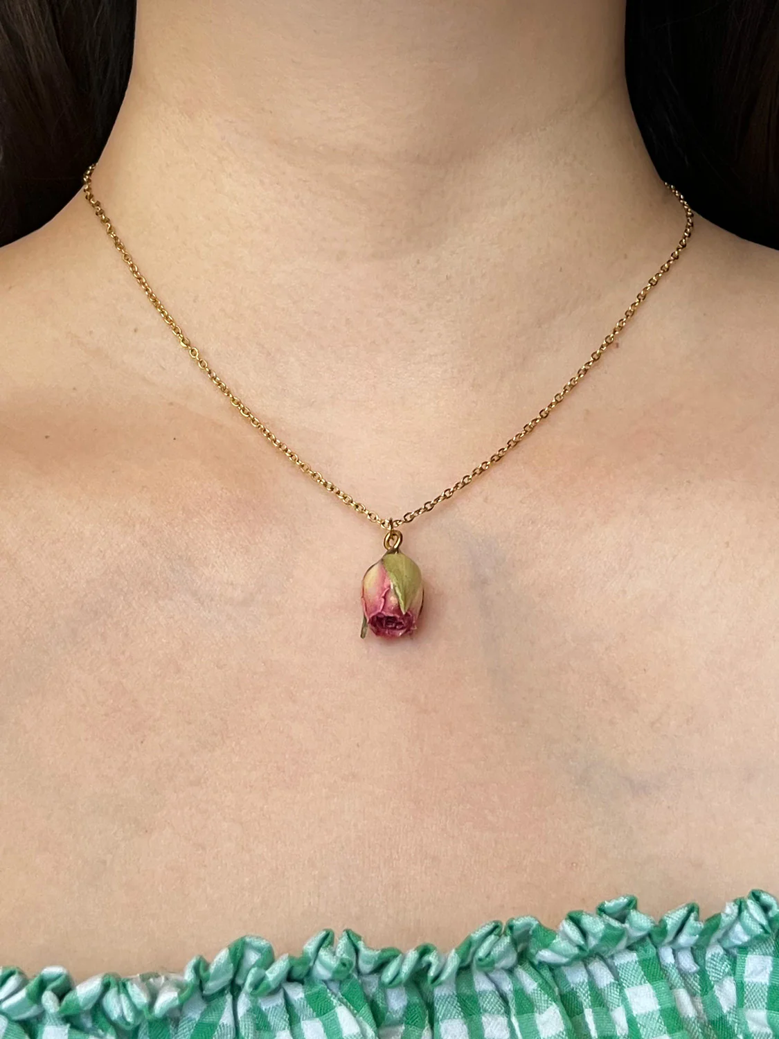 Dried Pink Rose Bud Necklace - Stainless Steel, Gold - Image 2
