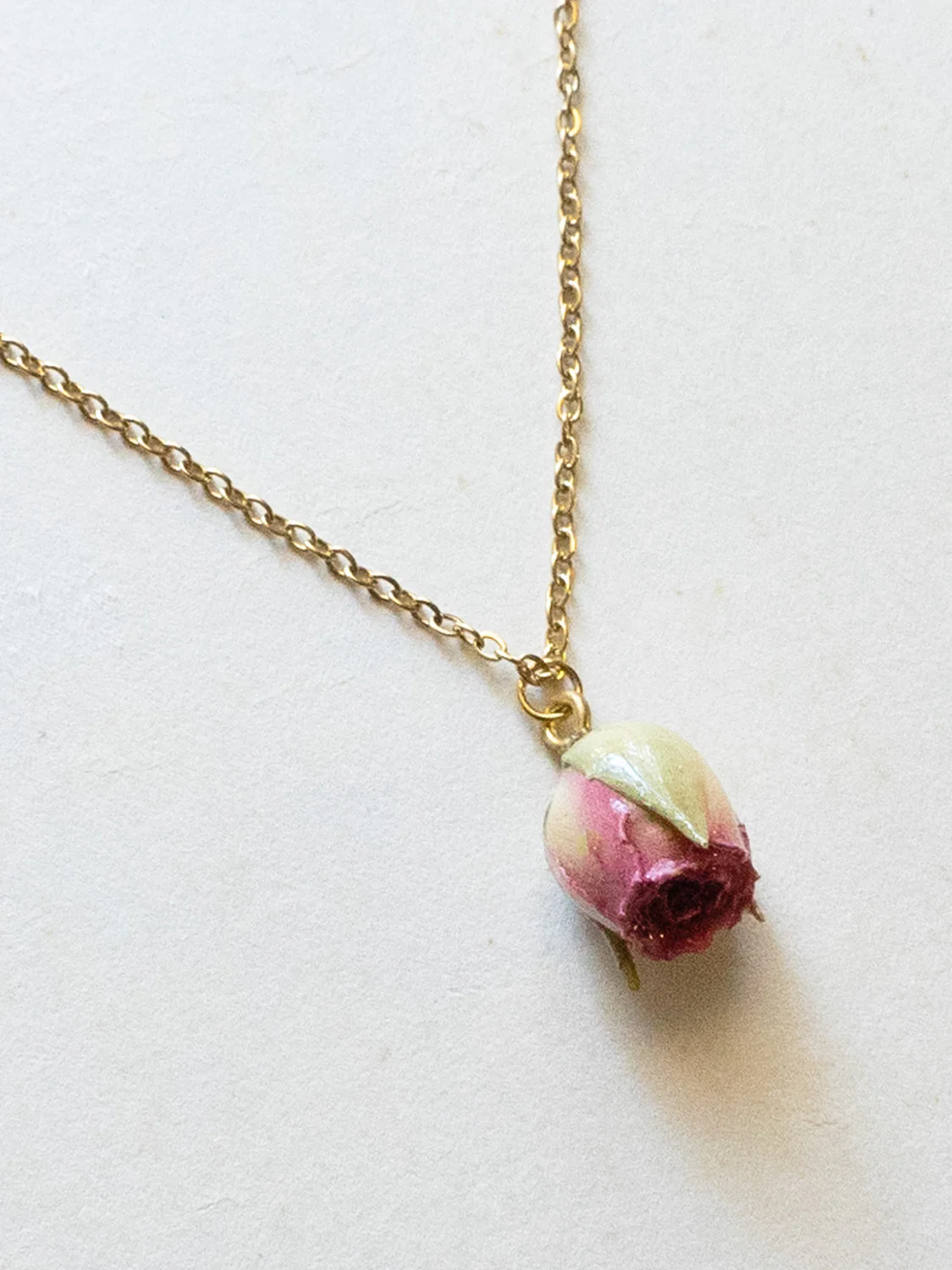 Dried Pink Rose Bud Necklace - Stainless Steel, Gold - Image 3