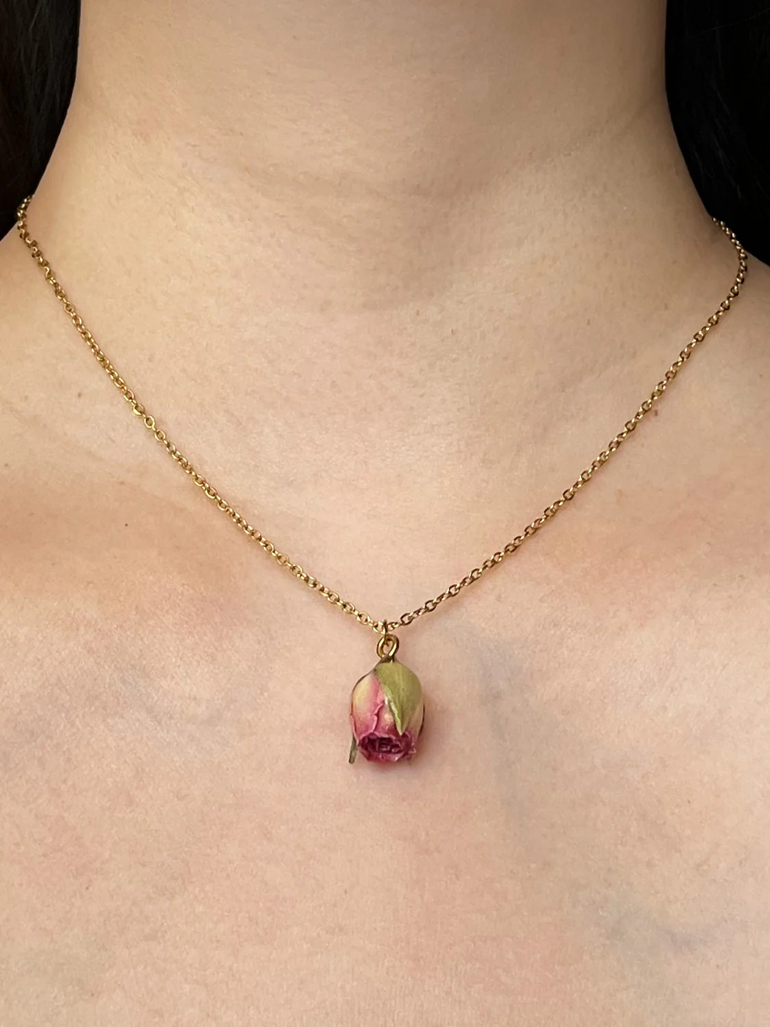 Dried Pink Rose Bud Necklace - Stainless Steel, Gold - Image 4