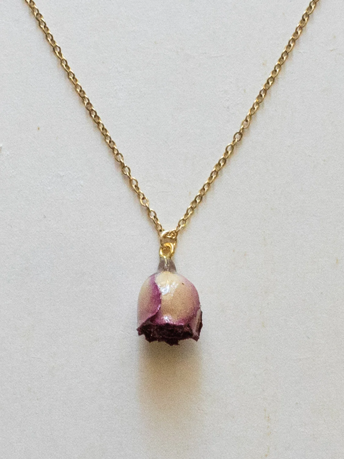Dried Purple Rose Bud Necklace - Stainless Steel, Gold