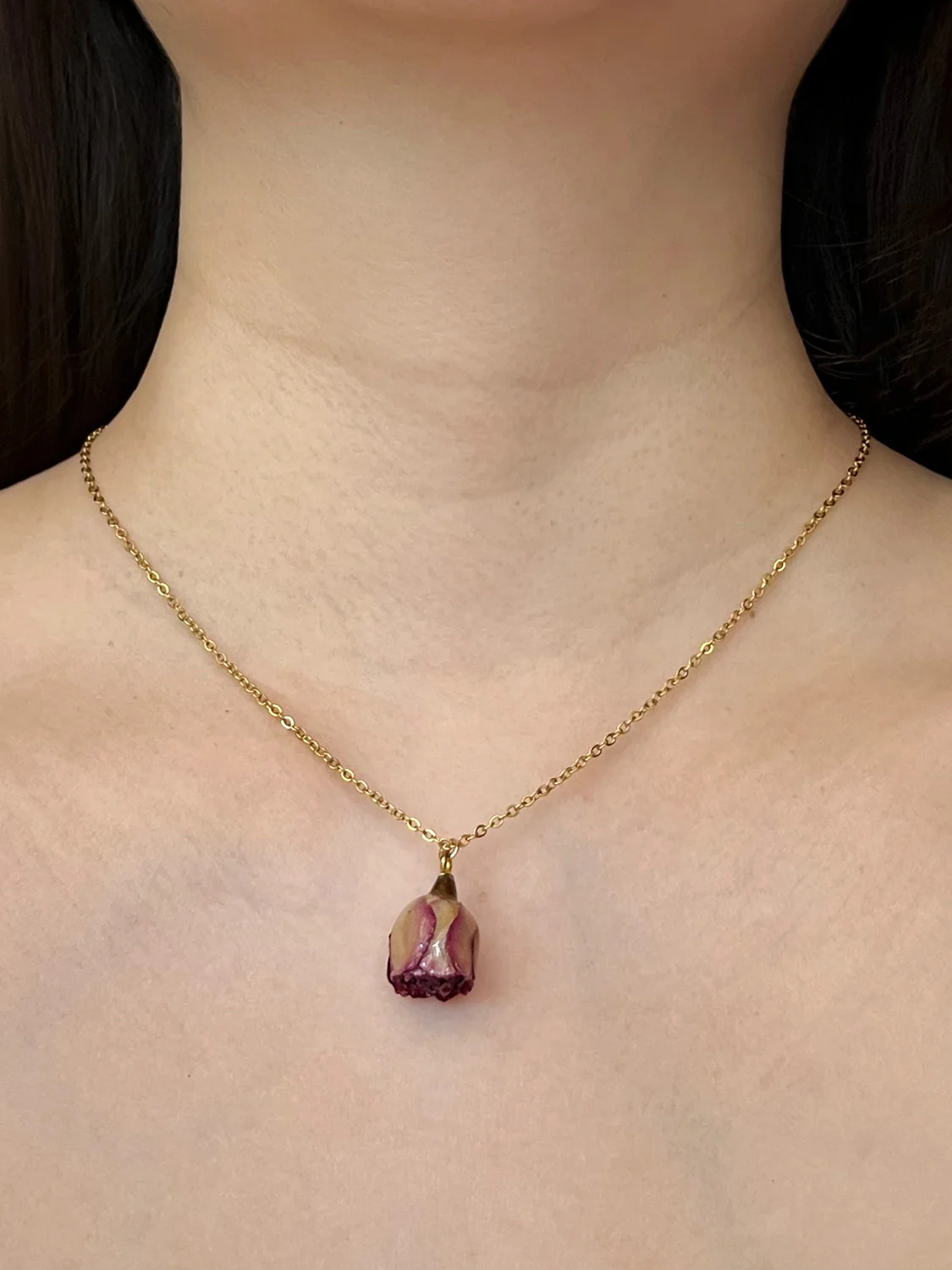 Dried Purple Rose Bud Necklace - Stainless Steel, Gold - Image 2