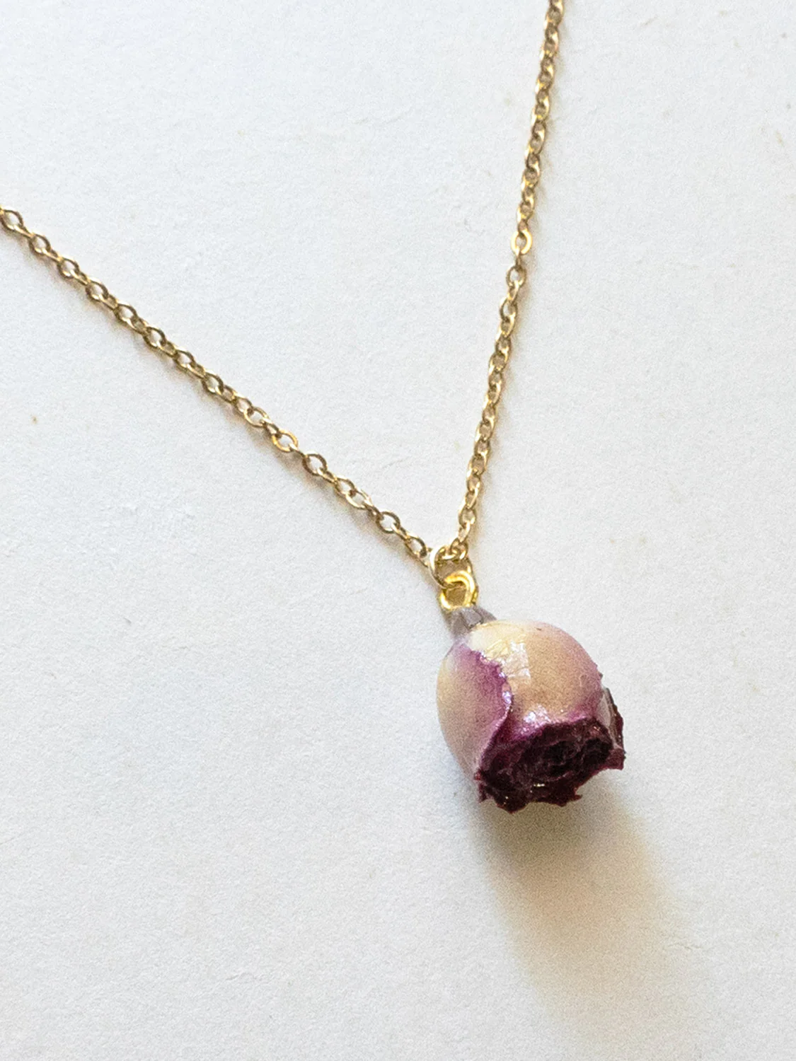 Dried Purple Rose Bud Necklace - Stainless Steel, Gold - Image 3
