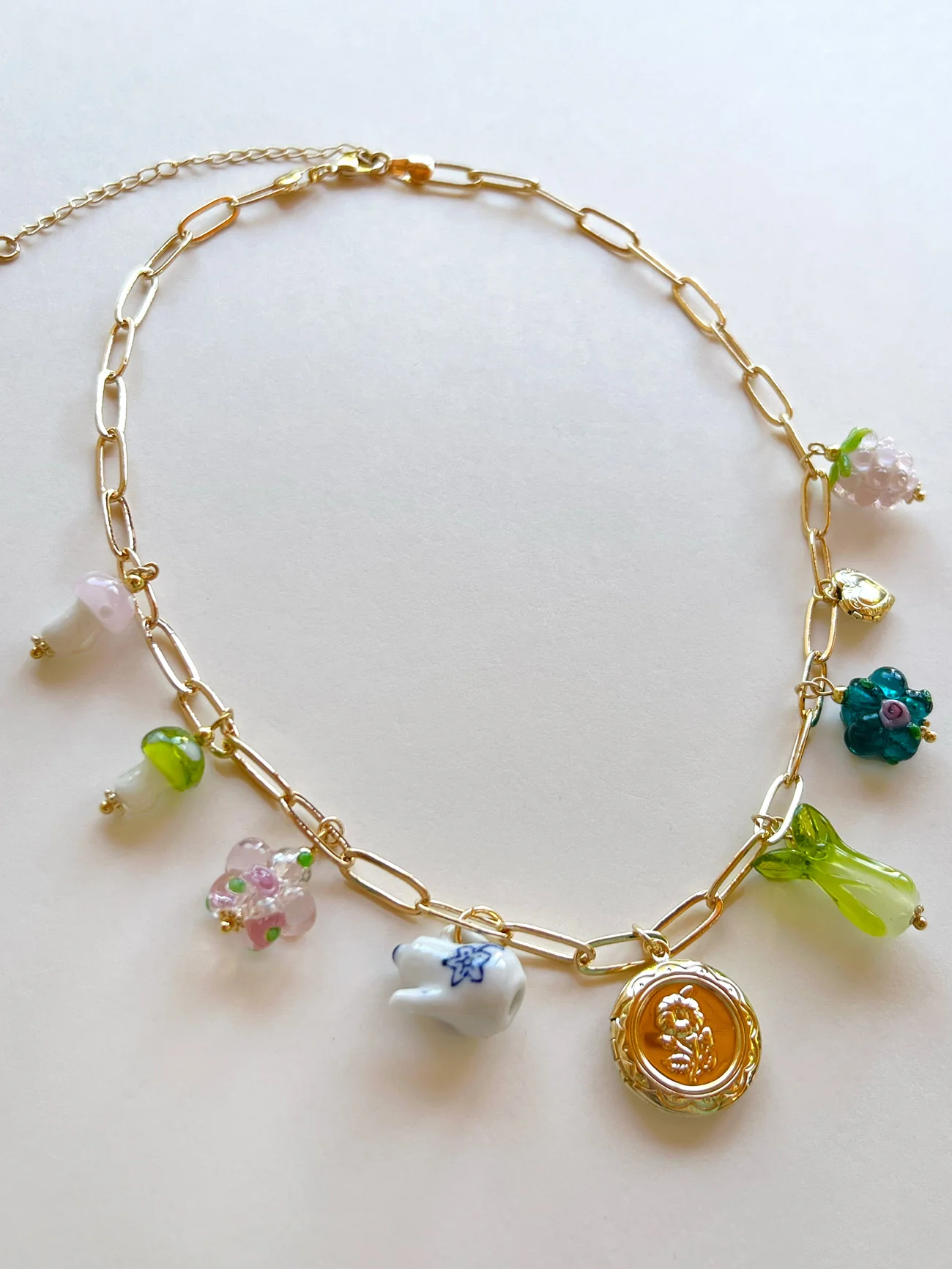 Eclectic Flower Locket Charm Necklace - Teapot, Glass Flowers & Mushrooms - Image 5