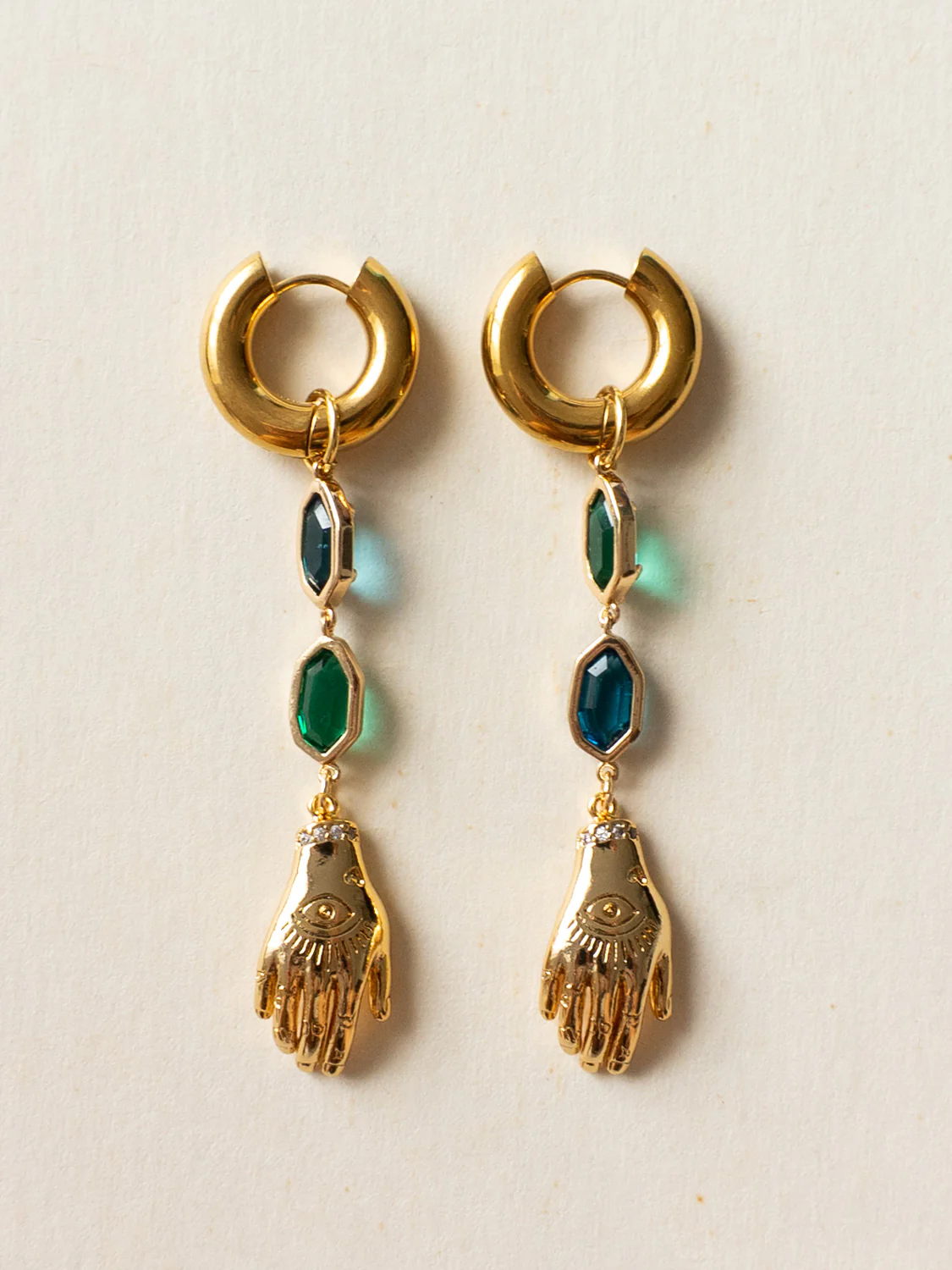Evil Eye Hand Asymmetric Gemstone Chunky Hoops