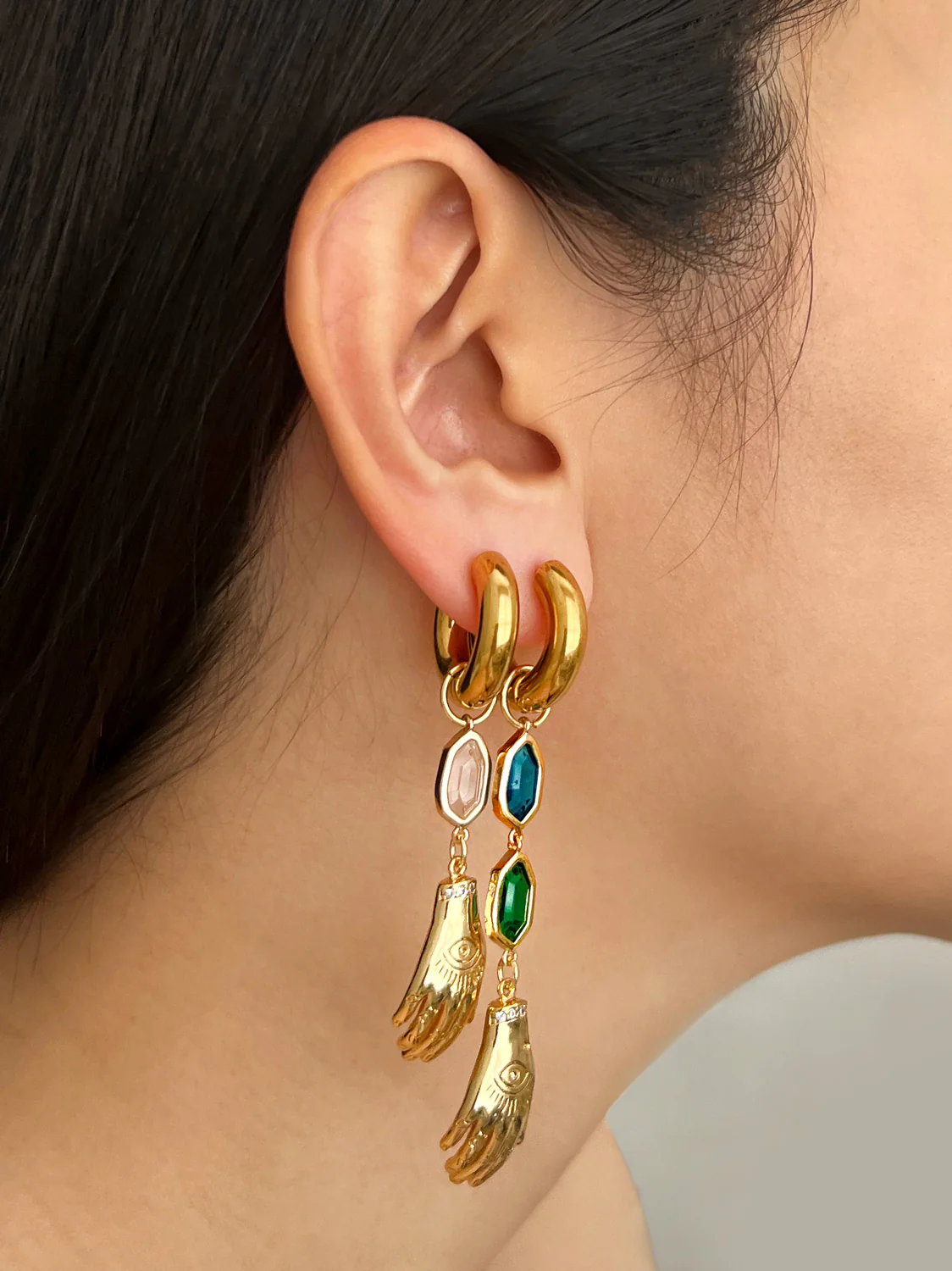 Evil Eye Hand Asymmetric Gemstone Chunky Hoops - Image 2