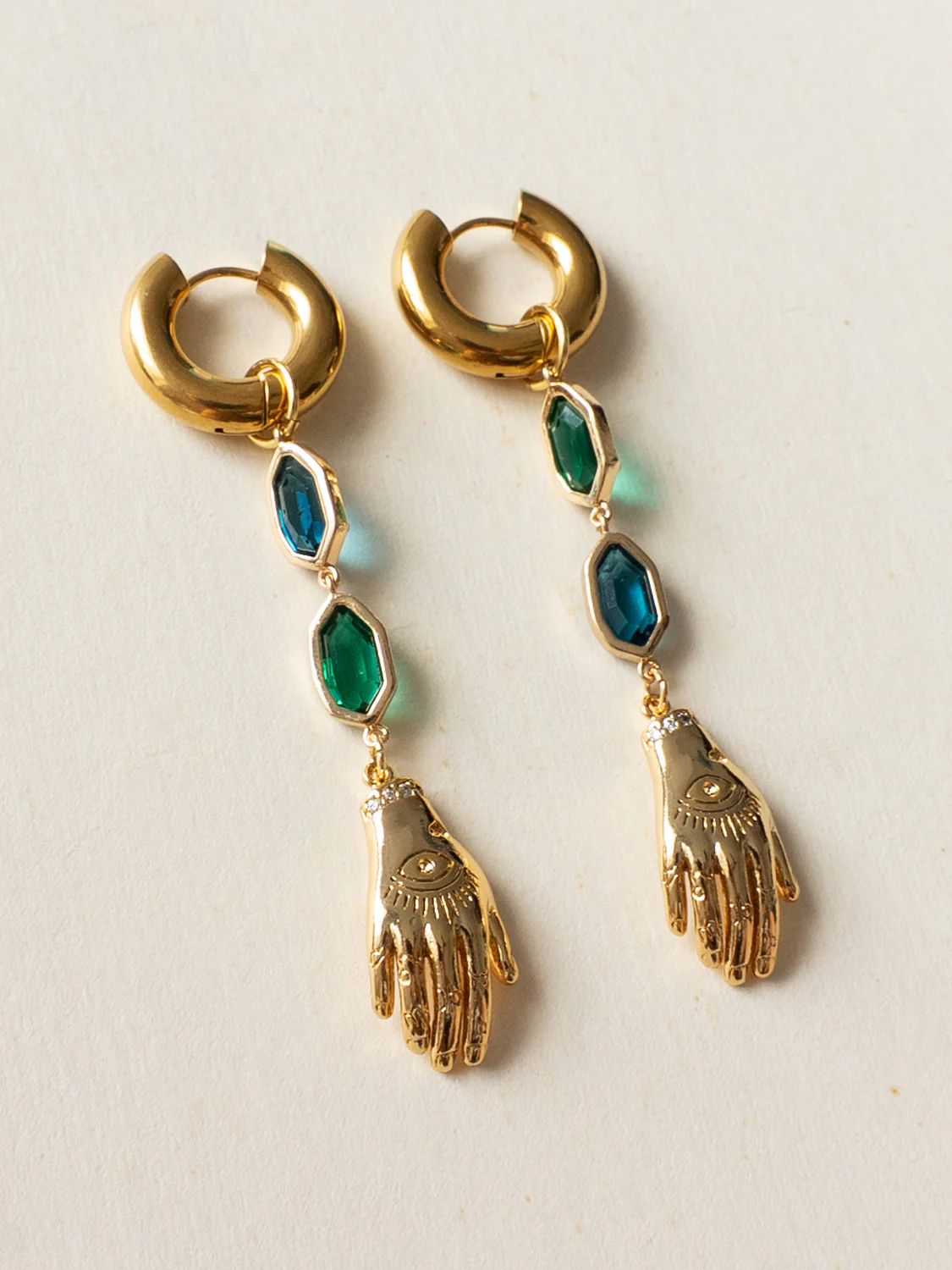 Evil Eye Hand Asymmetric Gemstone Chunky Hoops - Image 3