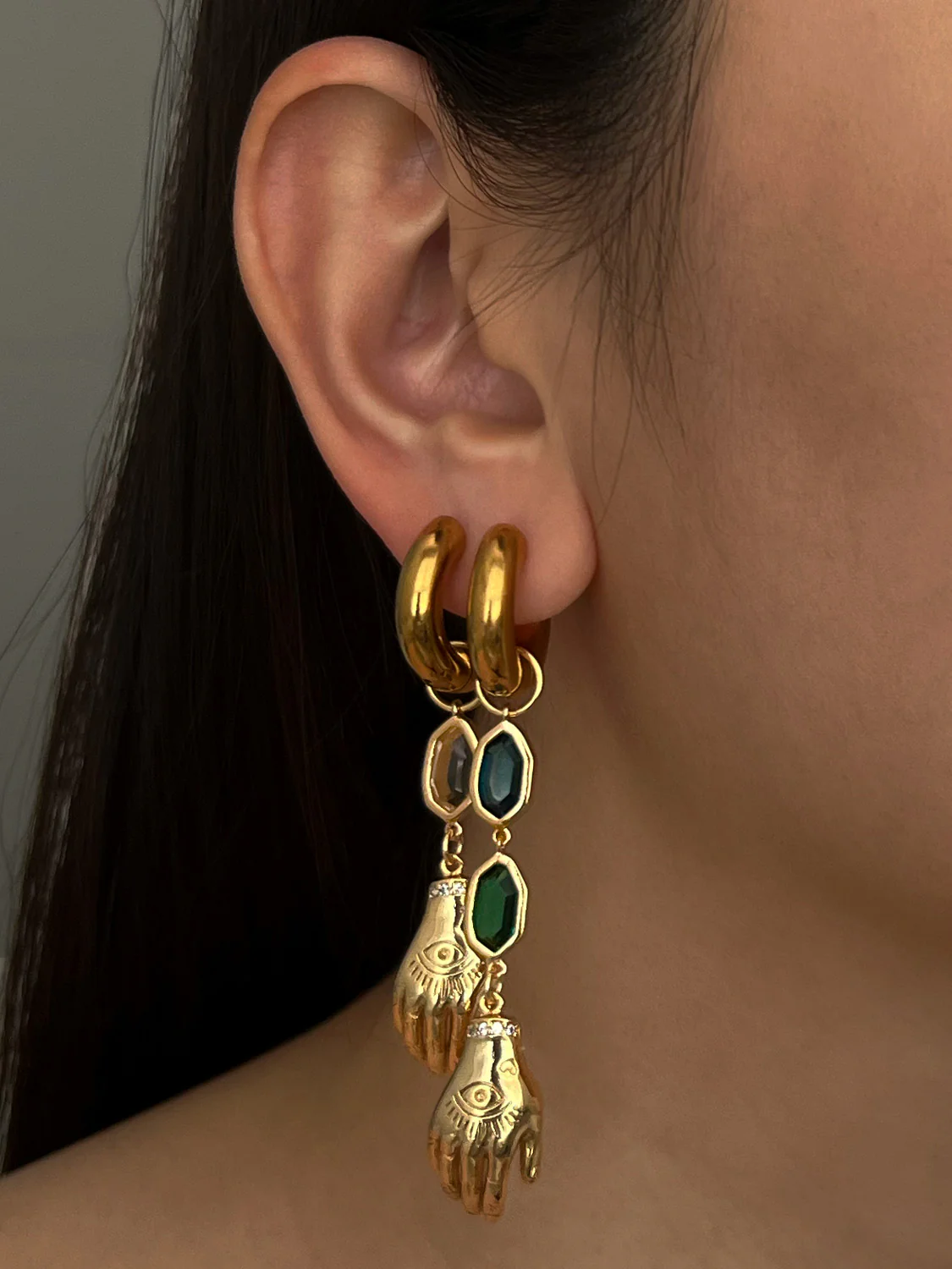 Evil Eye Hand Asymmetric Gemstone Chunky Hoops - Image 4