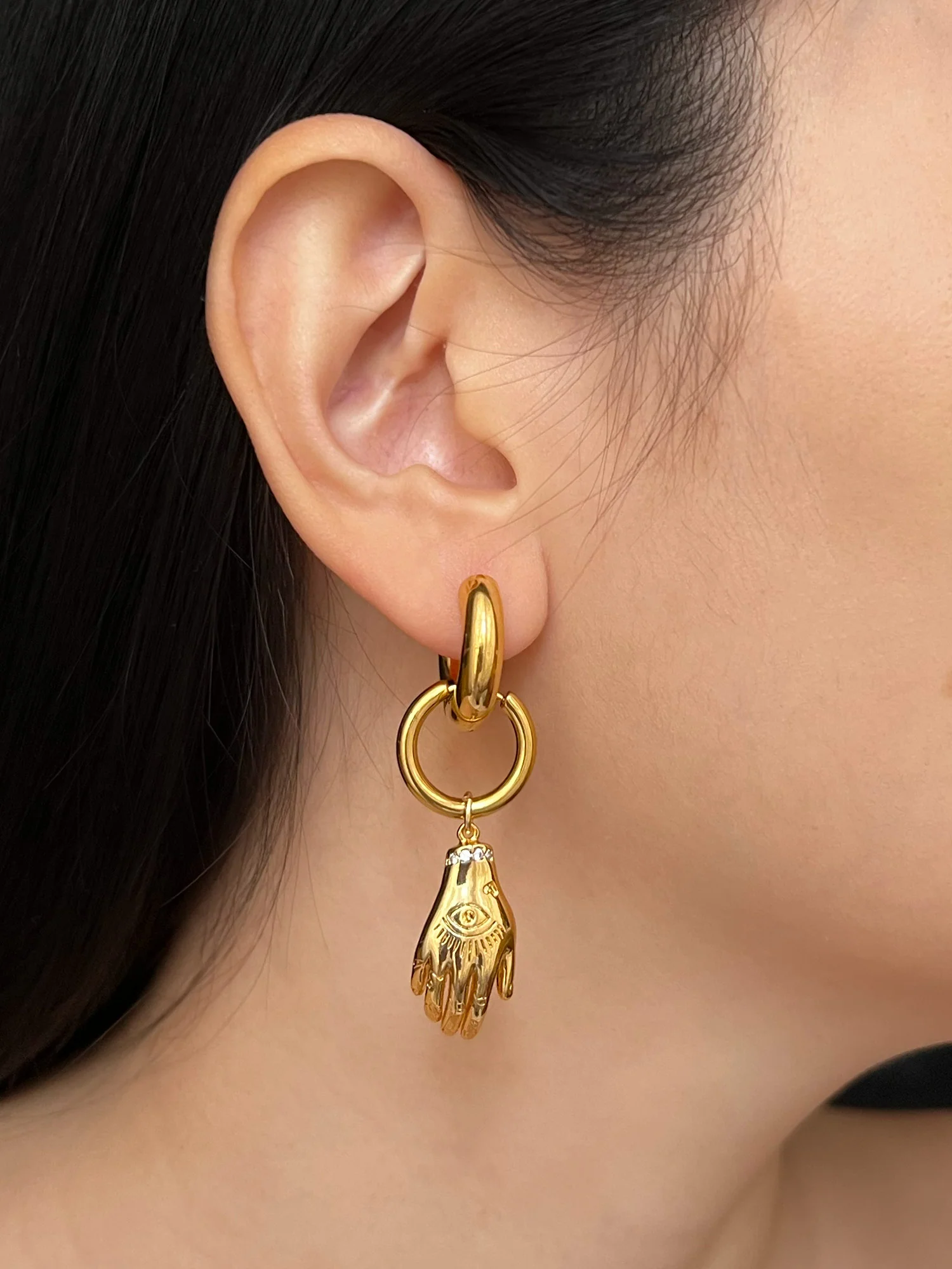 Evil Eye Hand Chunky Gold Hoops - Image 3