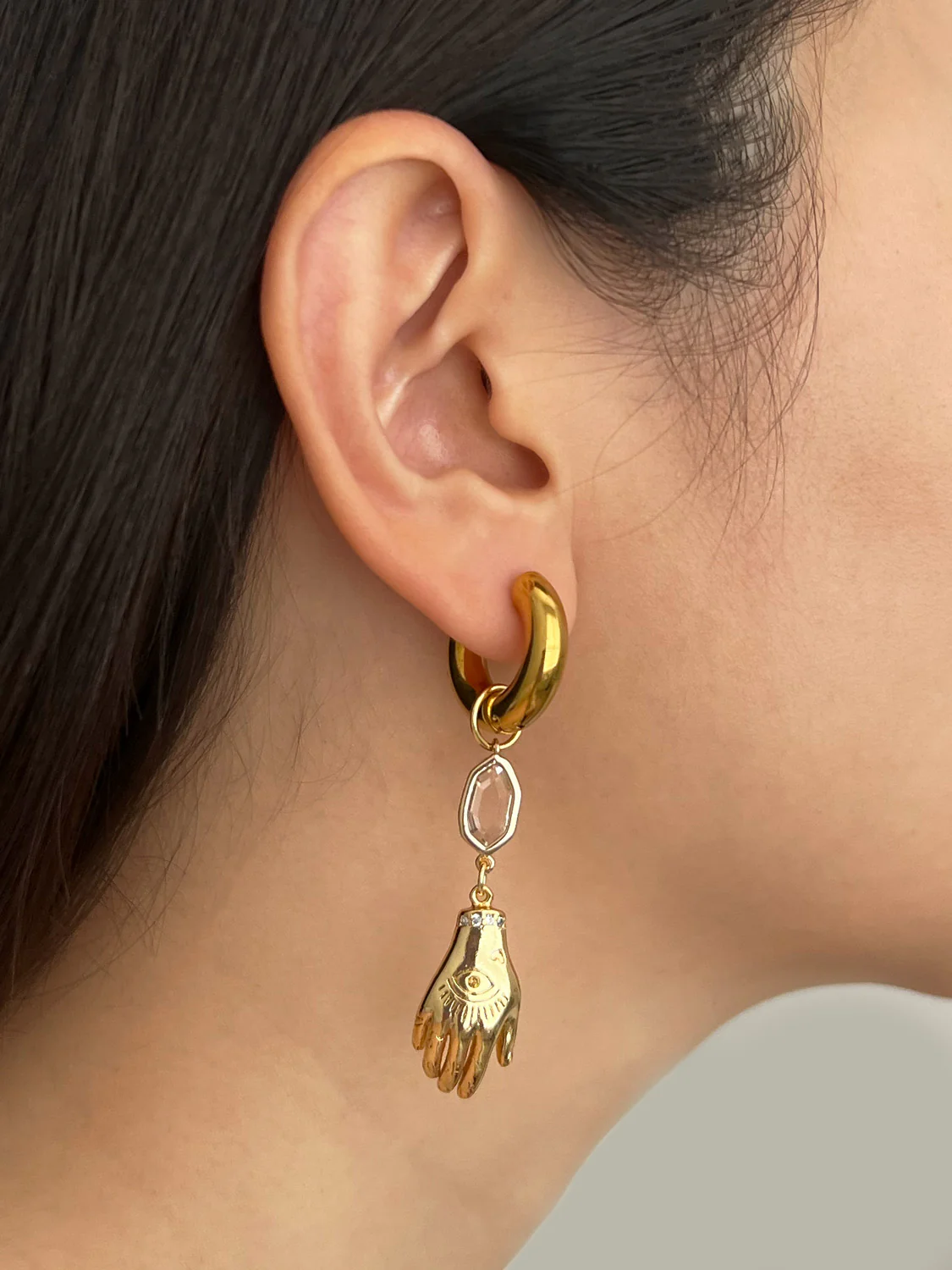 Evil Eye Hand Gemstone Chunky Hoops - Clear - Image 2