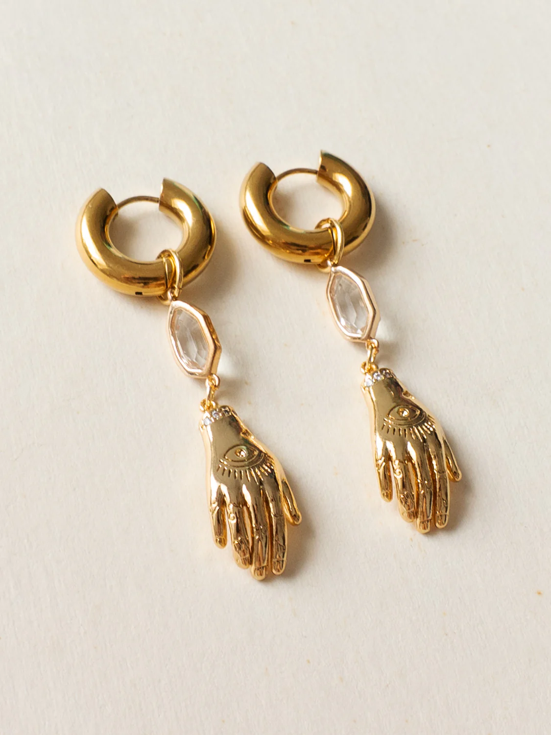 Evil Eye Hand Gemstone Chunky Hoops - Clear - Image 3