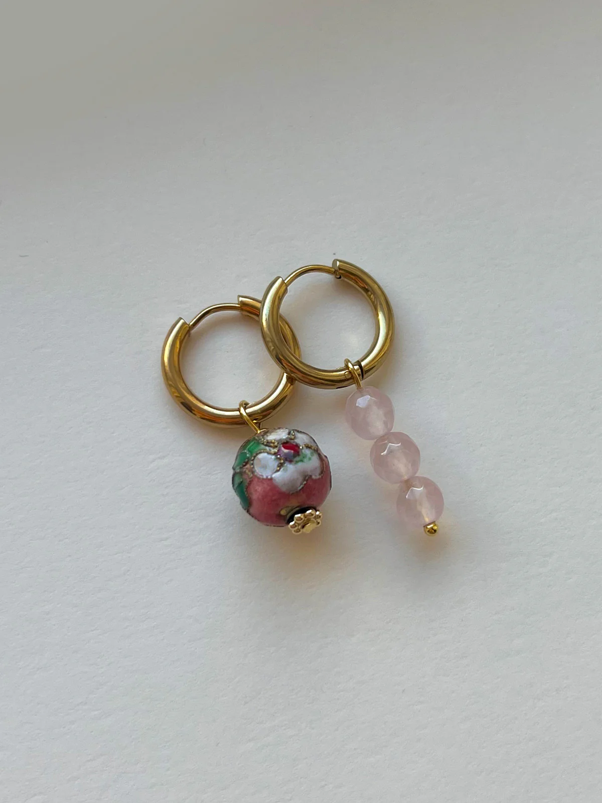 Flower Cloisonne & Little Stone Mismatched Hoops - Pink - Image 3