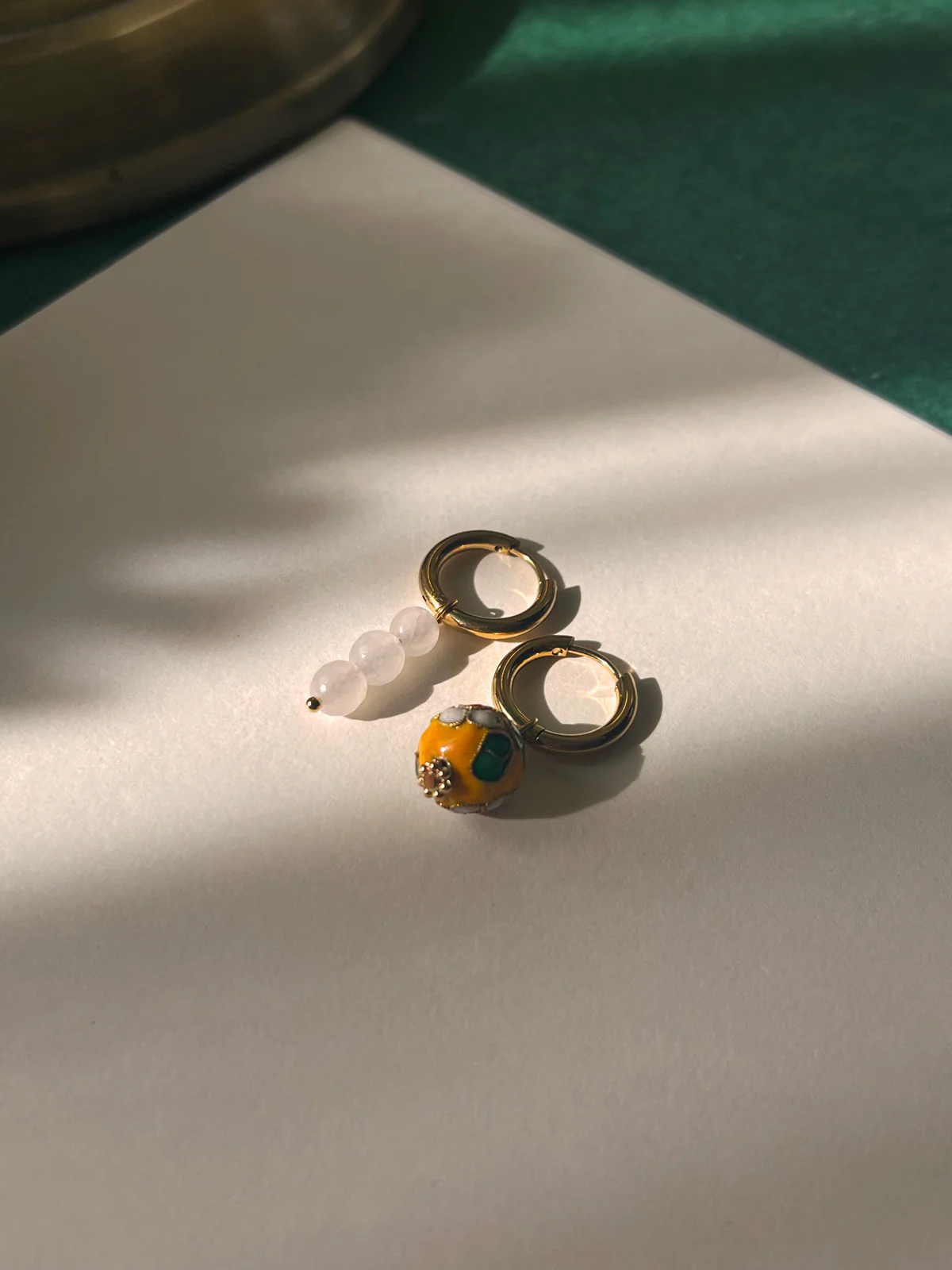 Flower Cloisonne & Little Stone Mismatched Hoops - Yellow - Image 3