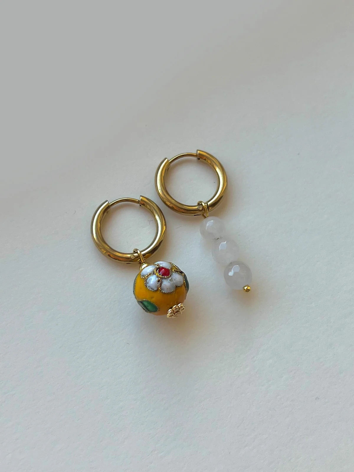 Flower Cloisonne & Little Stone Mismatched Hoops - Yellow - Image 4