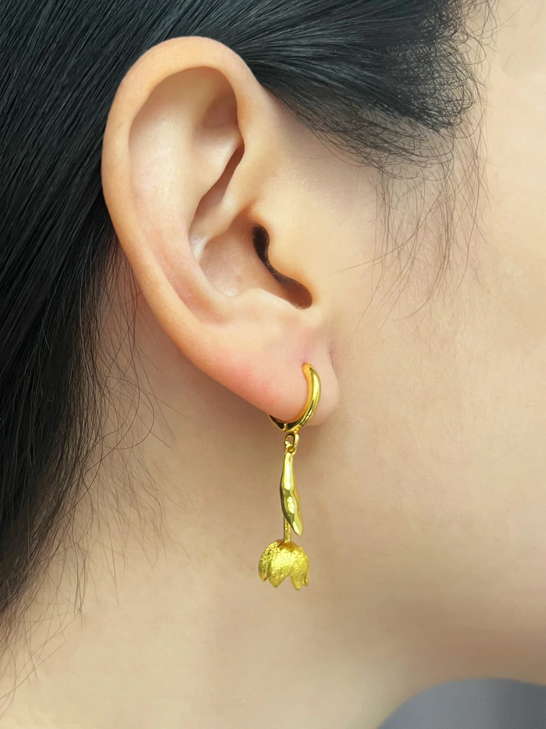 Flower Dangle Huggies - Gold - Image 3