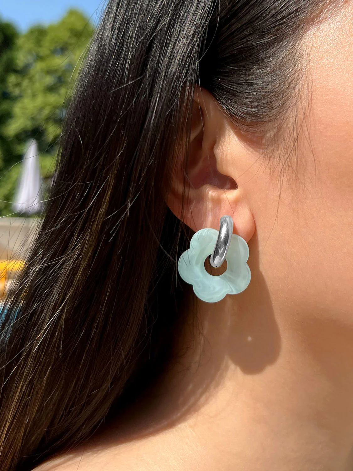 Flower Donut Hoops, Silver - Marbled Matte Blue - Image 2