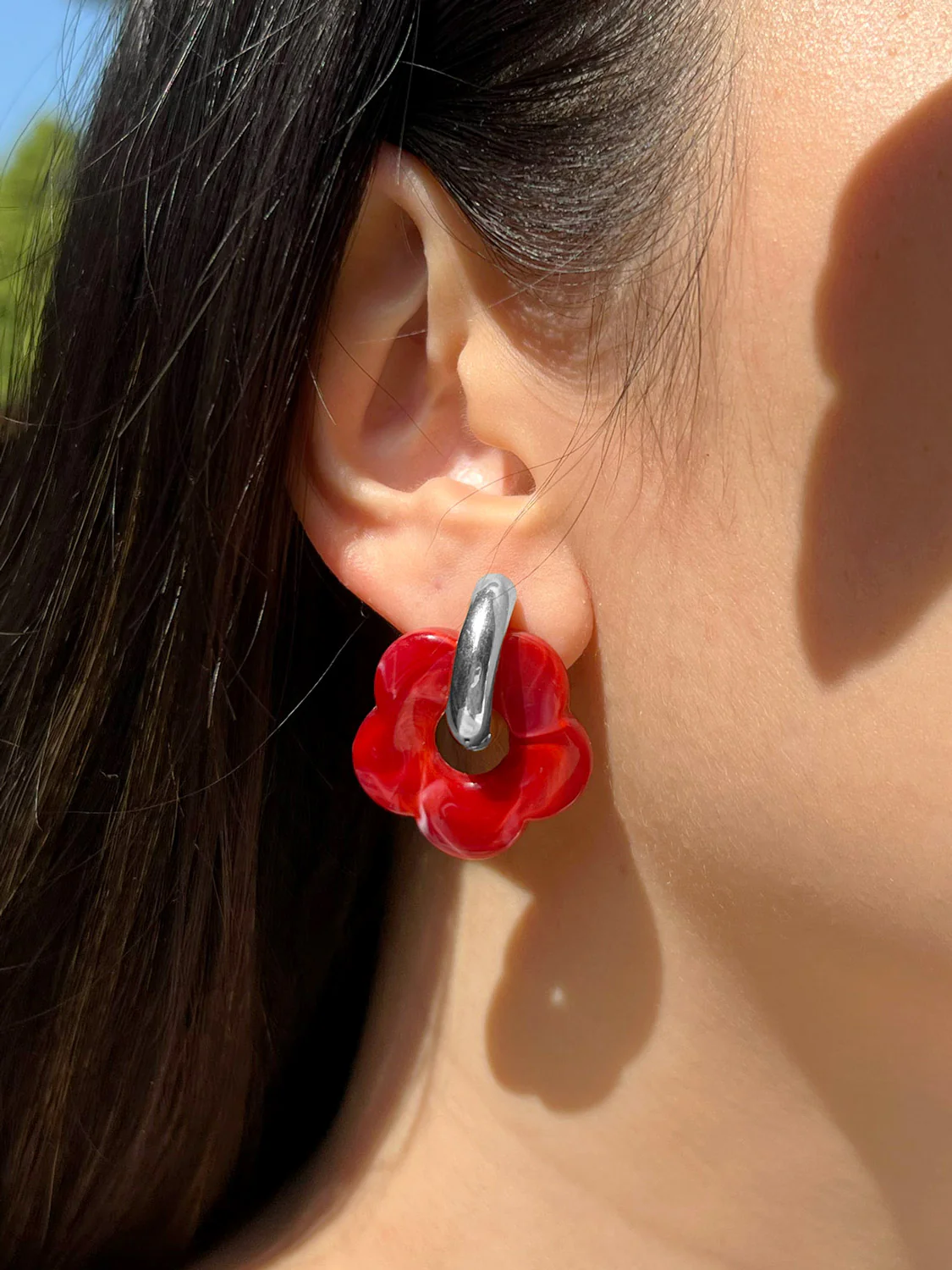 Flower Donut Hoops, Silver - Marbled Red - Image 2