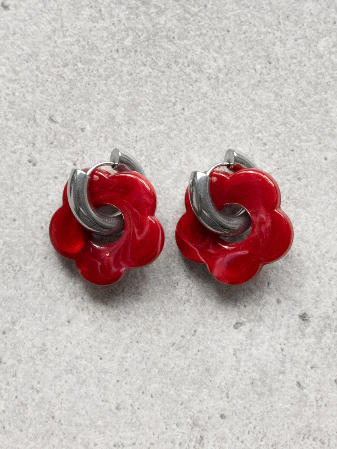 Flower Donut Hoops, Silver - Marbled Red - Image 3