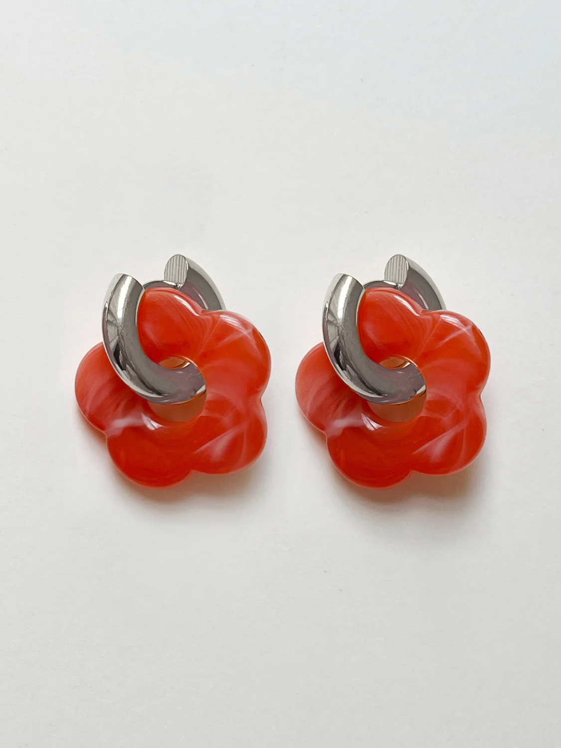 Flower Donut Hoops, Silver - Orange-red