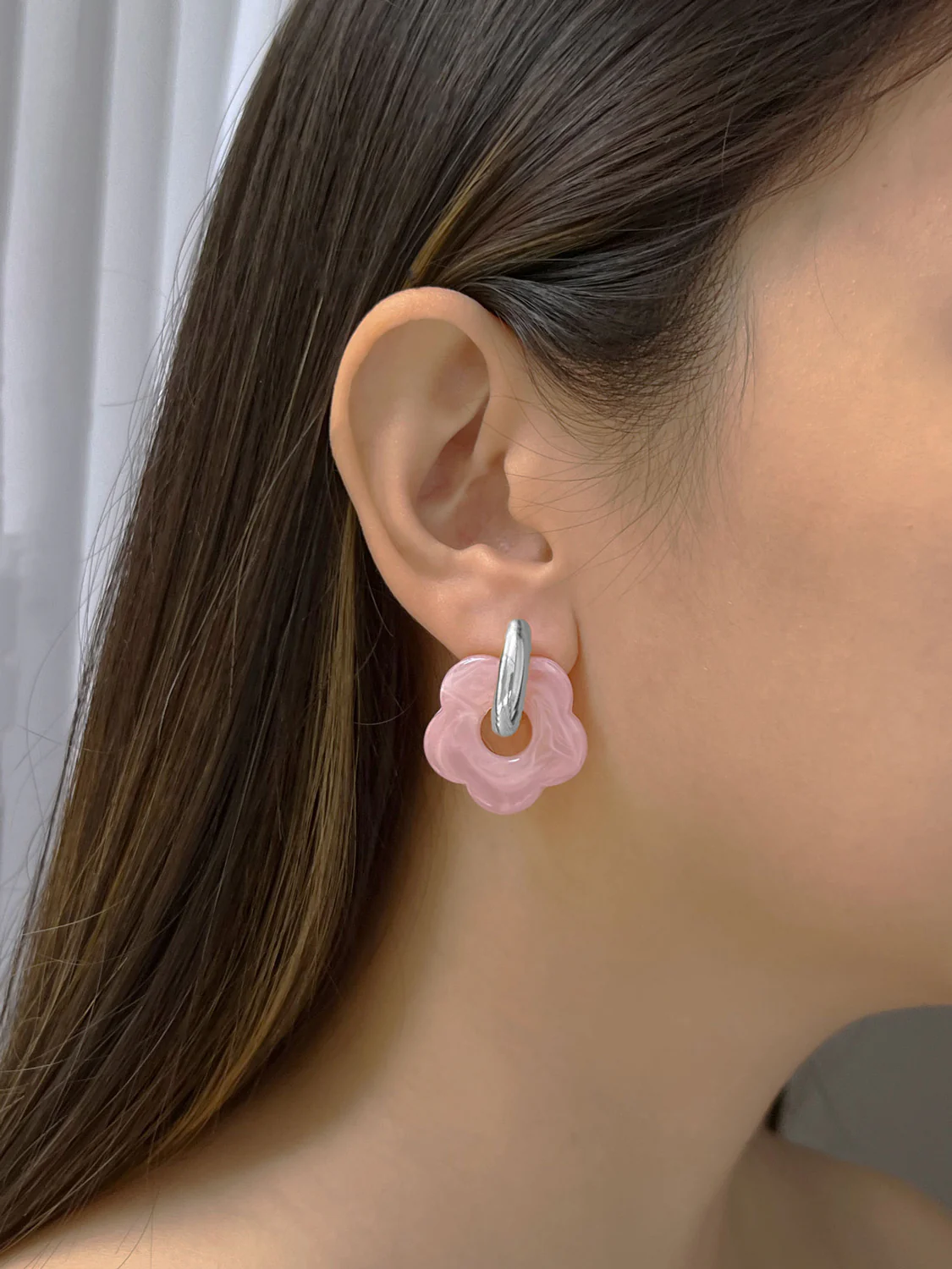 Flower Donut Hoops, Silver - Pink - Image 2
