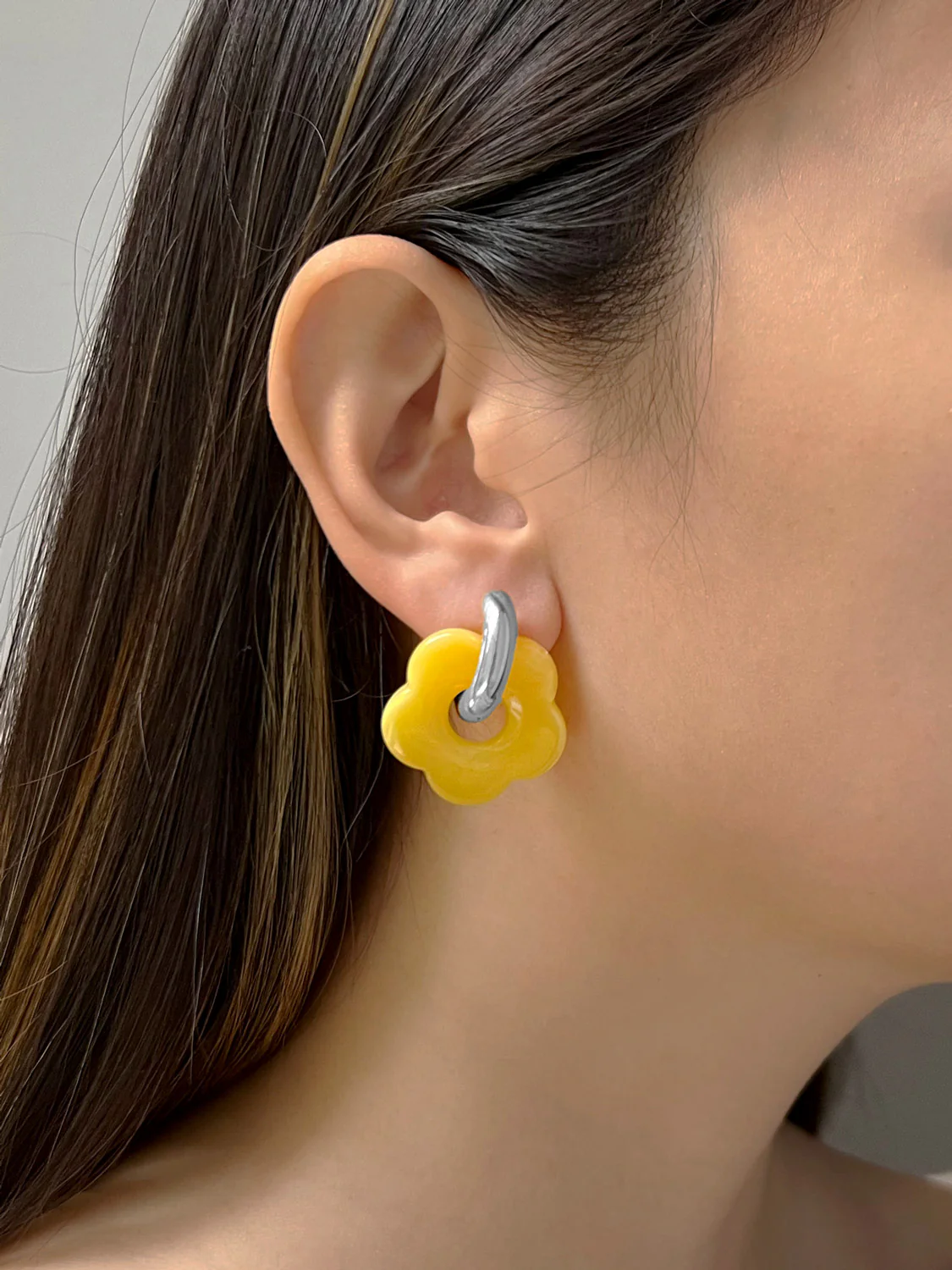 Flower Donut Hoops, Silver - Yellow - Image 2