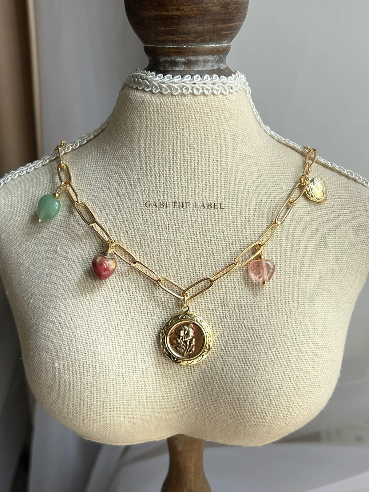 Flower Round Locket Charm Necklace - Crystal Hearts/Dried Rose - Image 3