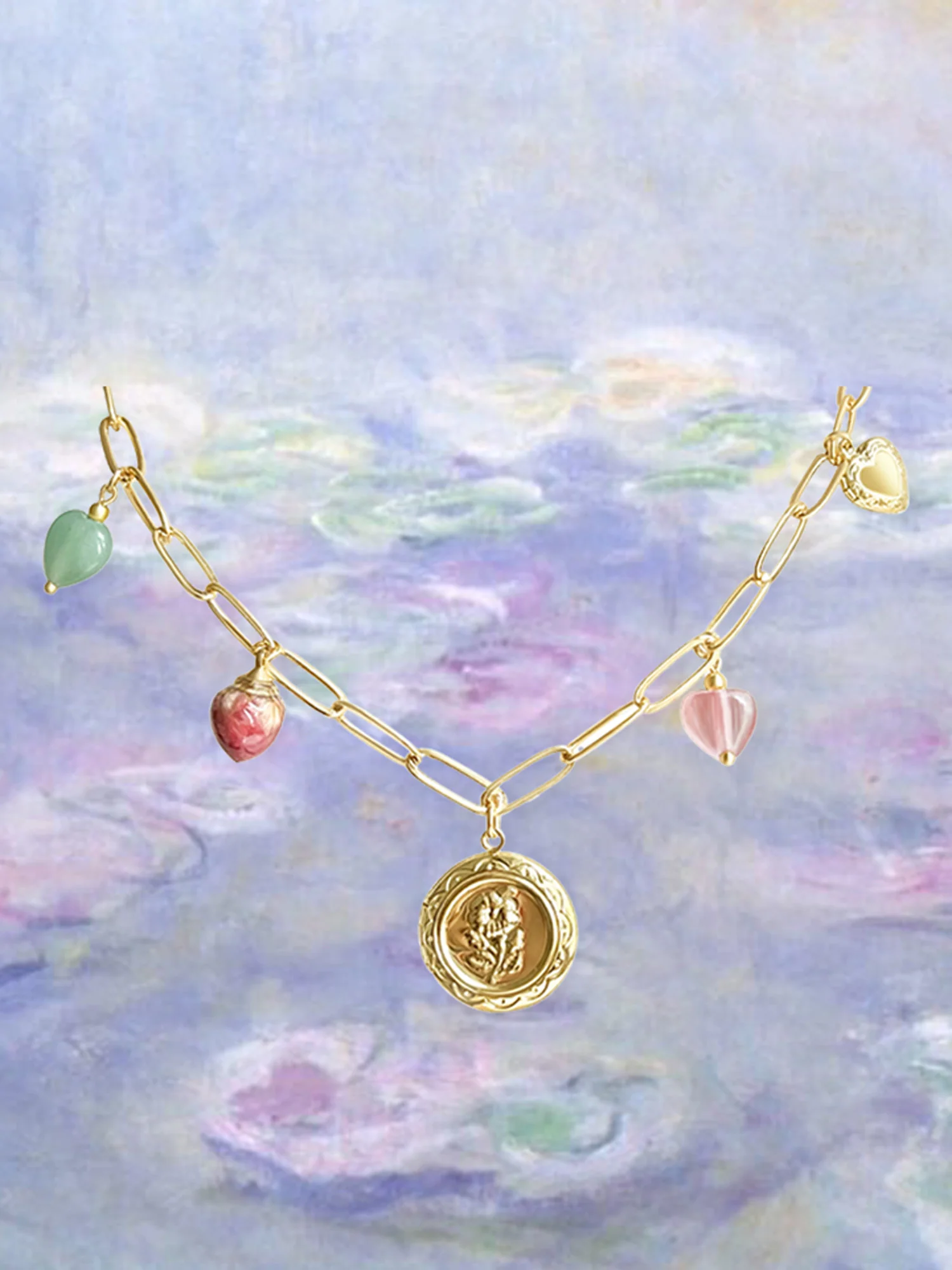 Flower Round Locket Charm Necklace - Crystal Hearts/Dried Rose - Image 5