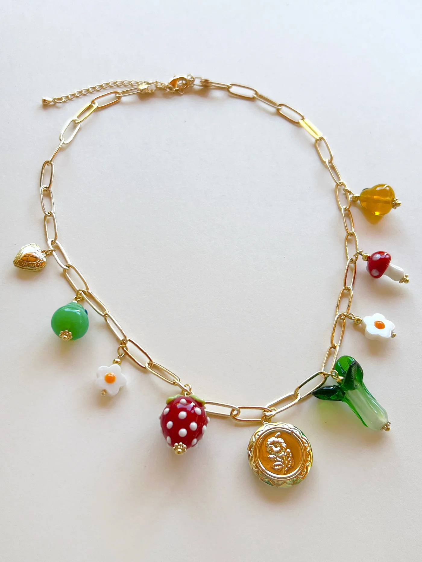 Fruits & Veggies Flower Locket Charm Necklace - Red Strawberry, Bok Choy & Pears - Image 4