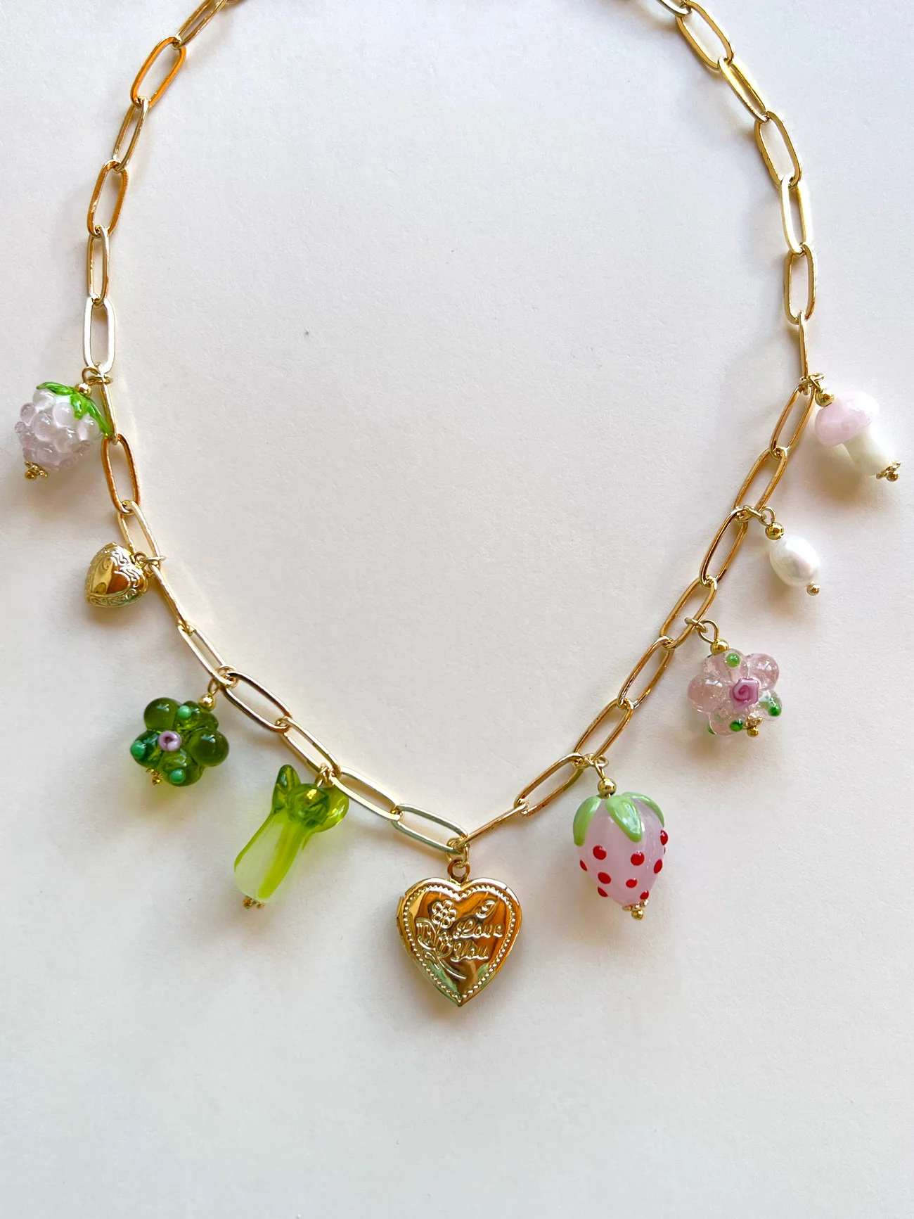 Fruits & Veggies Heart Locket Charm Necklace - Pink Strawberry, Bok Choy & Glass Flowers - Image 3