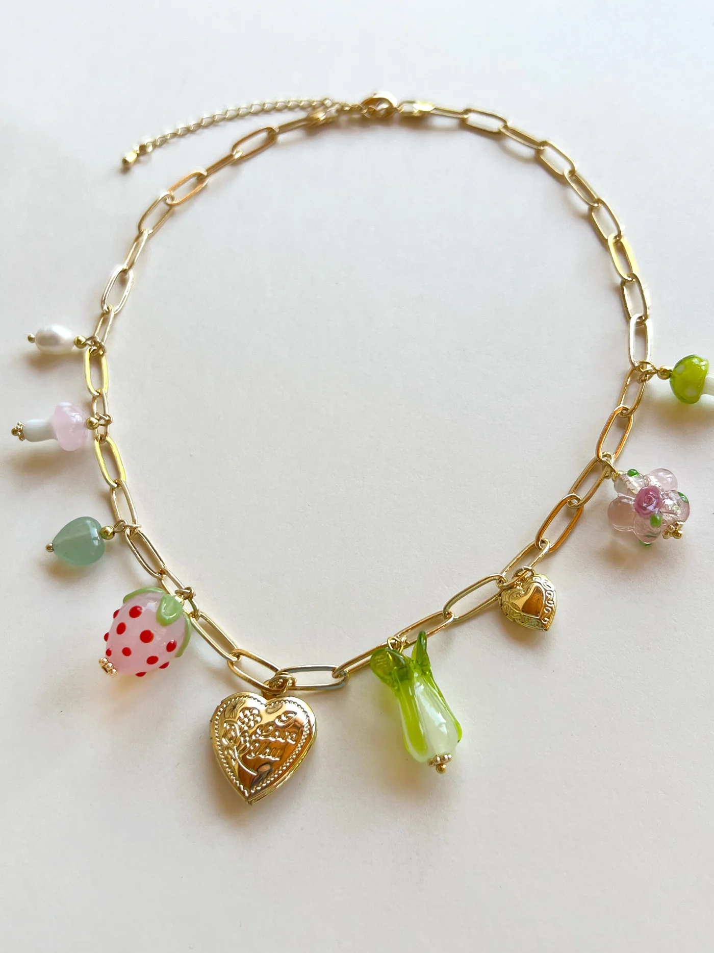 Fruits & Veggies Heart Locket Charm Necklace - Pink Strawberry, Bok Choy & Mushrooms - Image 5