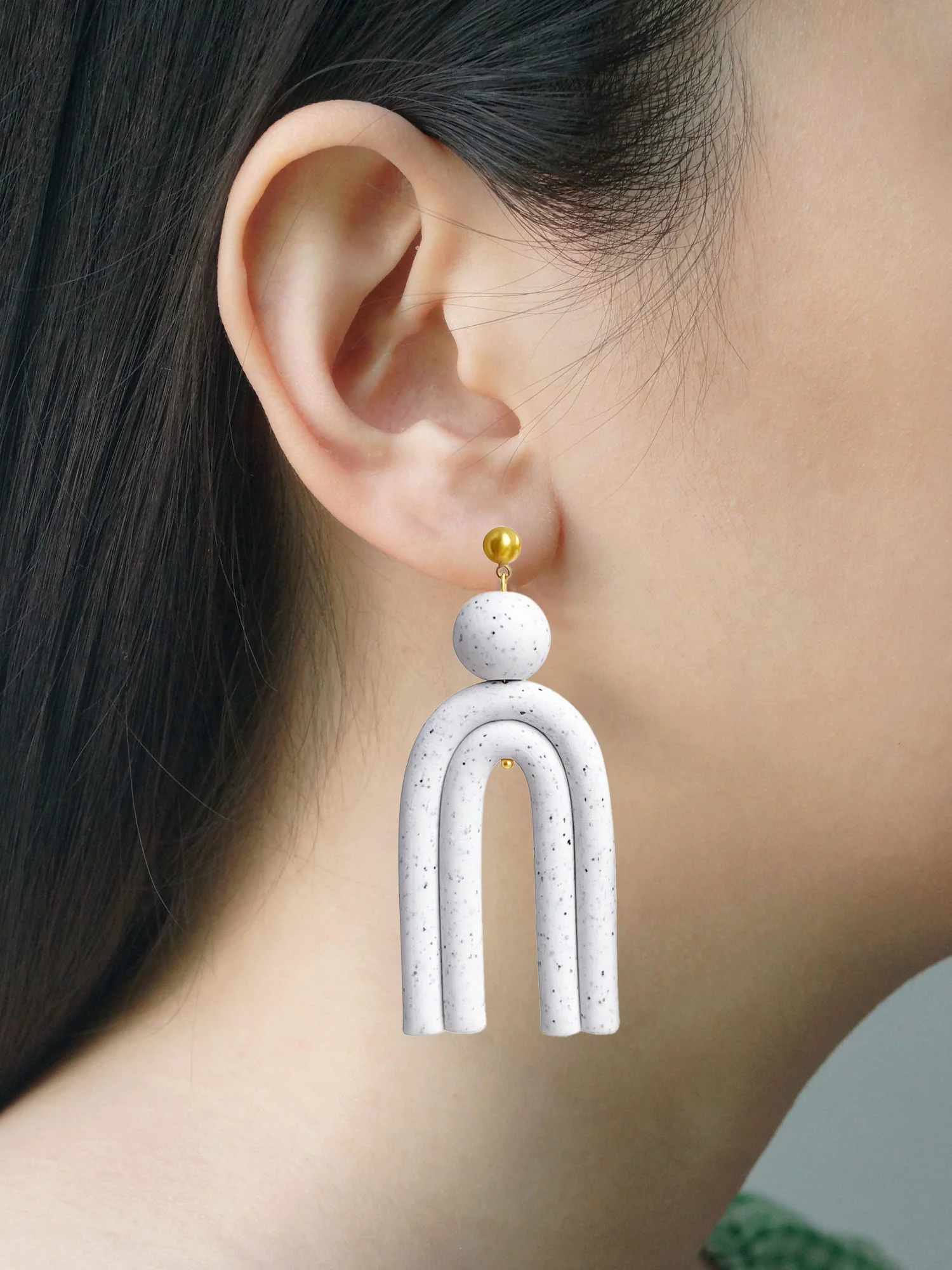 Geometric Earrings with Long Arch - White Speckles - Image 2