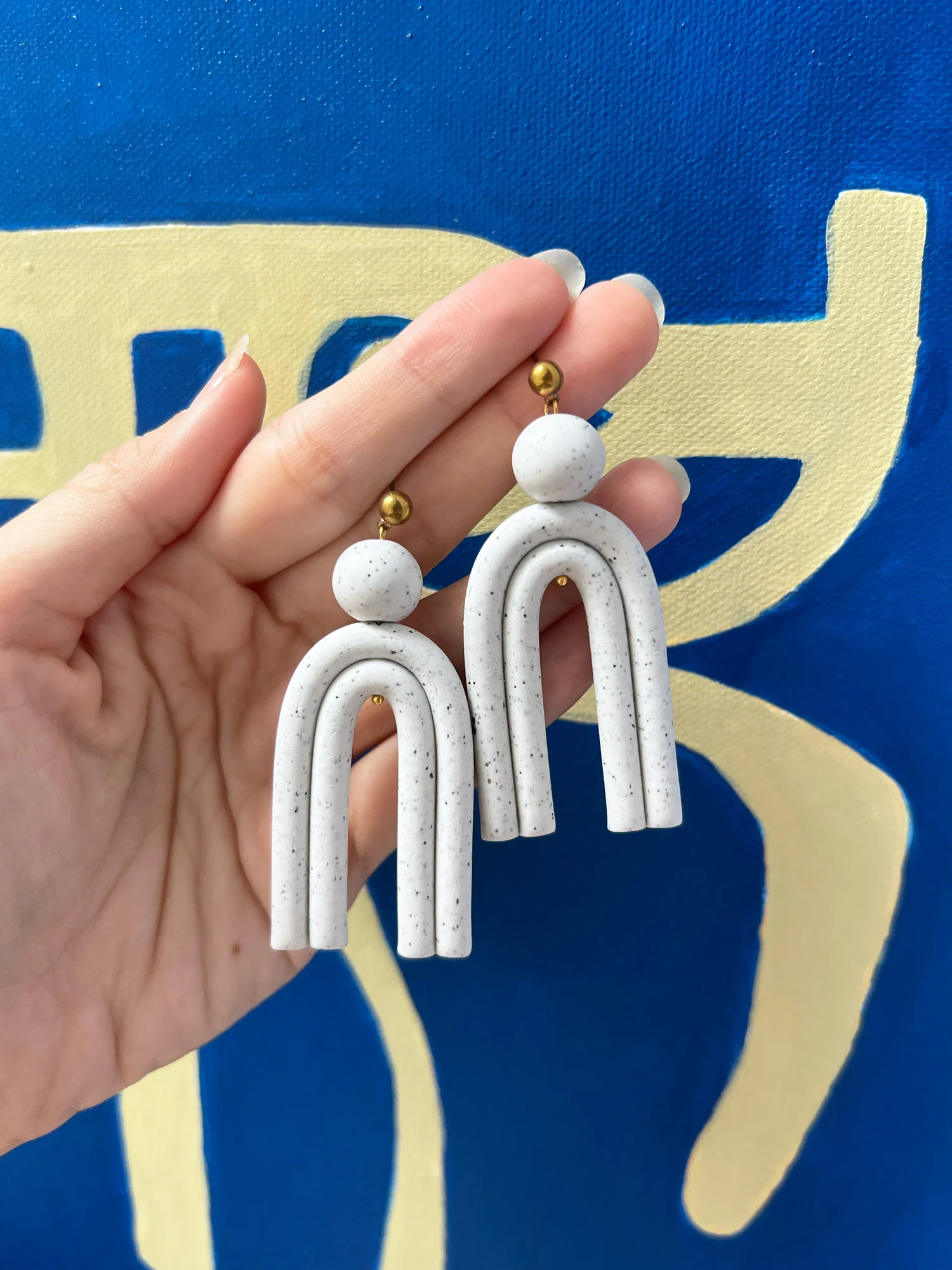 Geometric Earrings with Long Arch - White Speckles - Image 3