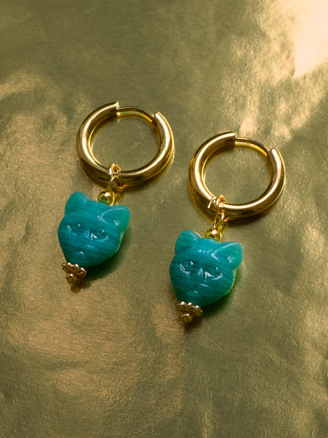 Glass Carved Cat Hoops - Turquoise - Image 2