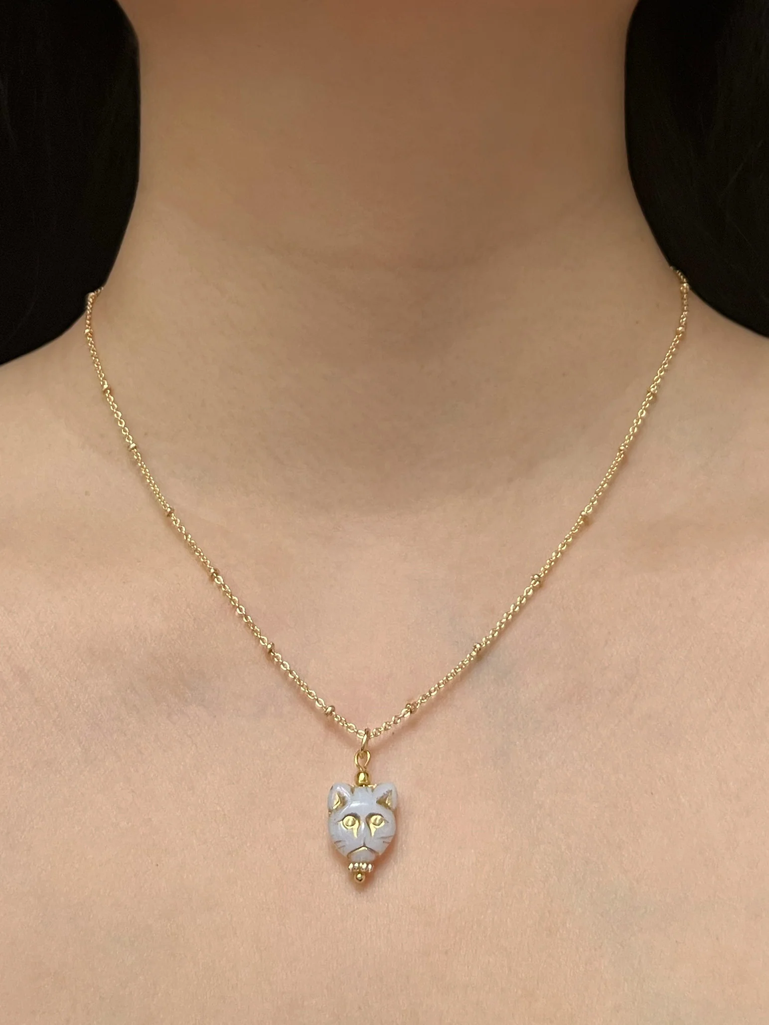 Glass Carved Cat Necklace - Moonstone - Image 2