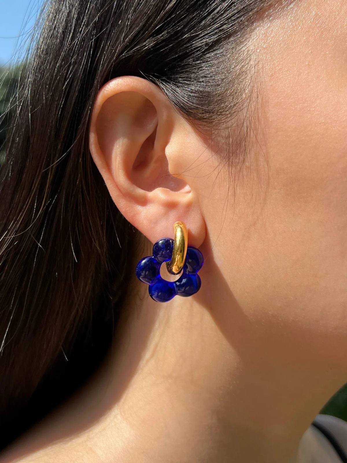 Glass Flower Donut Hoops - Cobalt Blue - Image 2