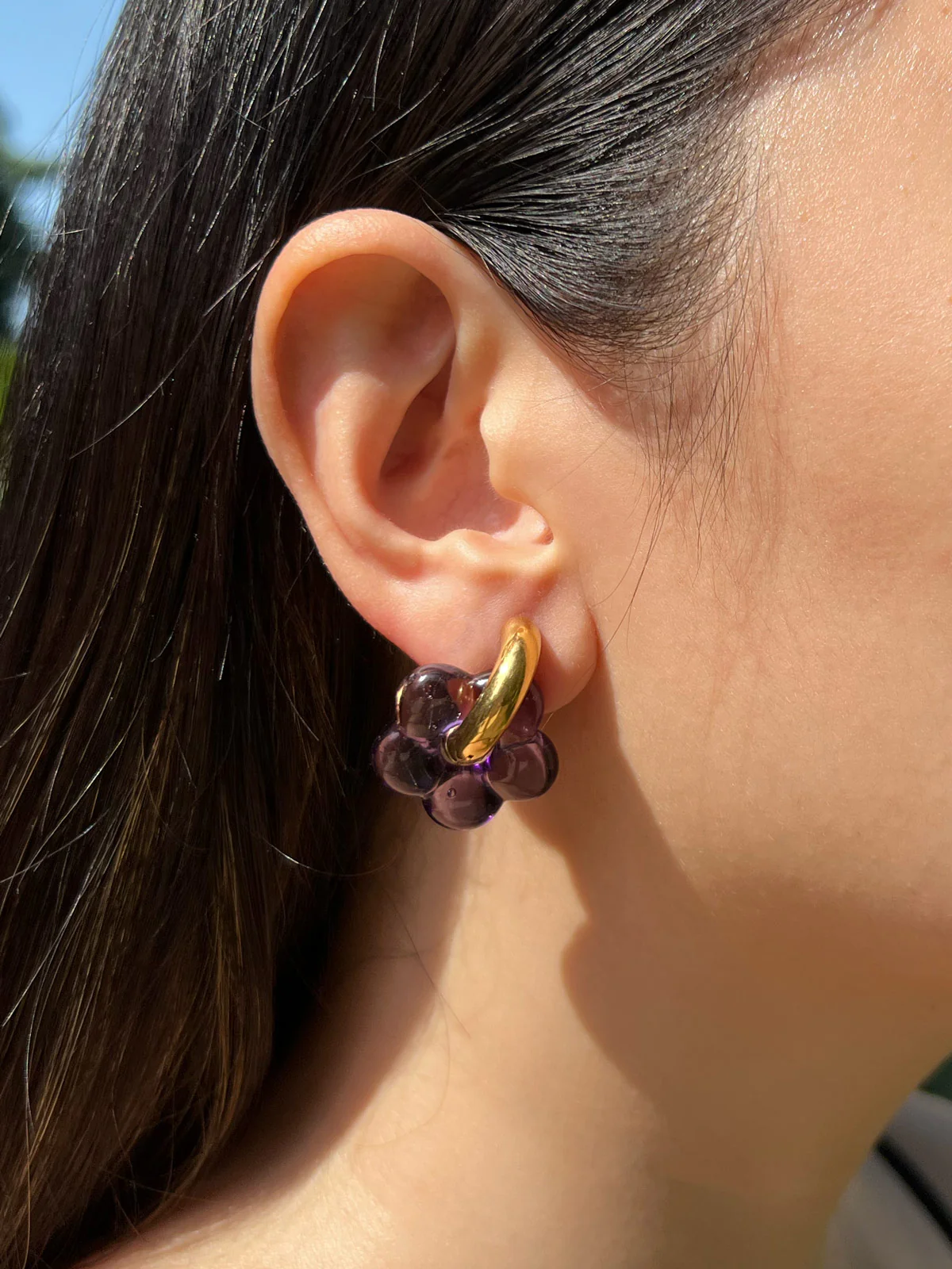 Glass Flower Donut Hoops - Dark Purple - Image 3