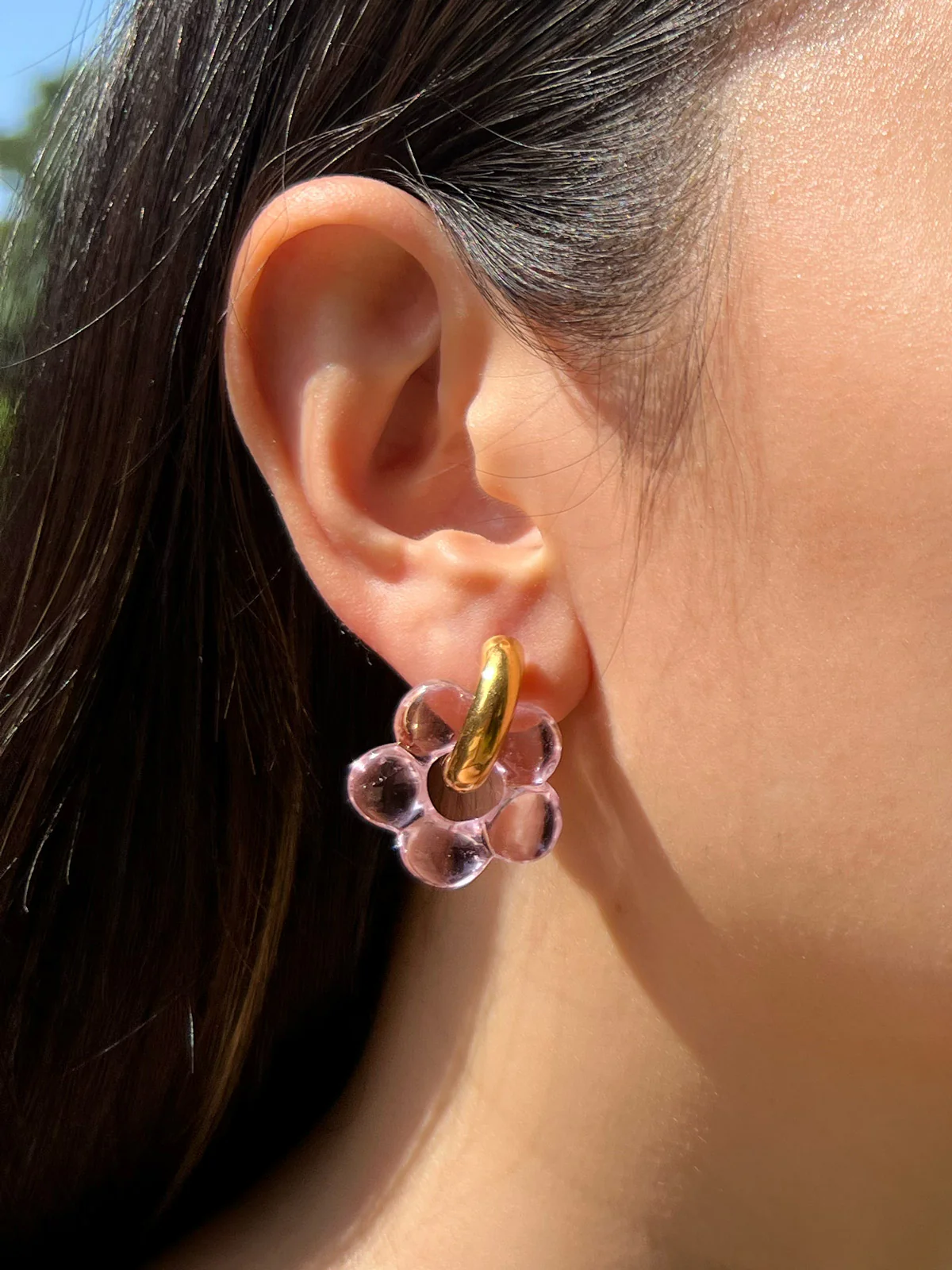 Glass Flower Donut Hoops - Light Pink - Image 2