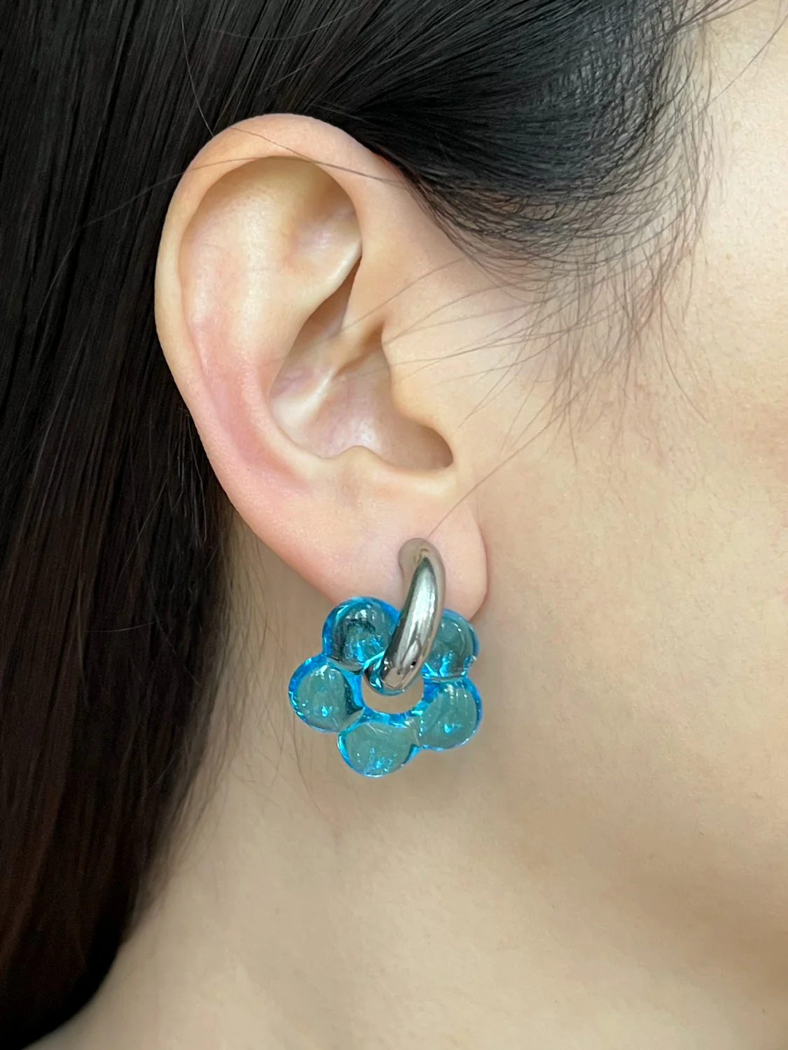 Glass Flower Donut Hoops, Silver - Aqua - Image 2