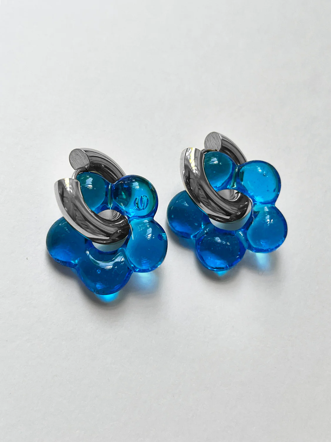 Glass Flower Donut Hoops, Silver - Blue - Image 2