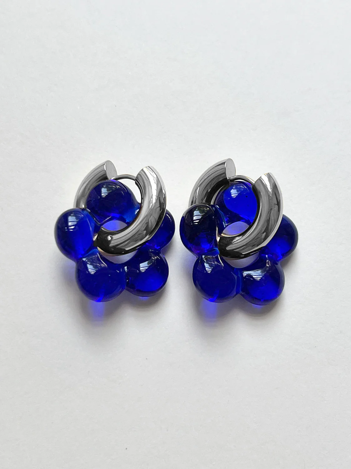 Glass Flower Donut Hoops, Silver - Cobalt Blue - Image 2