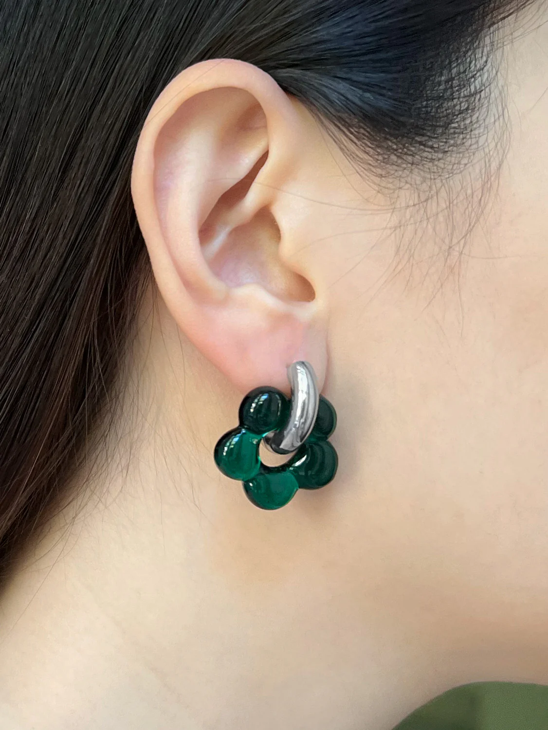 Glass Flower Donut Hoops, Silver - Dark Blue-Green - Image 2