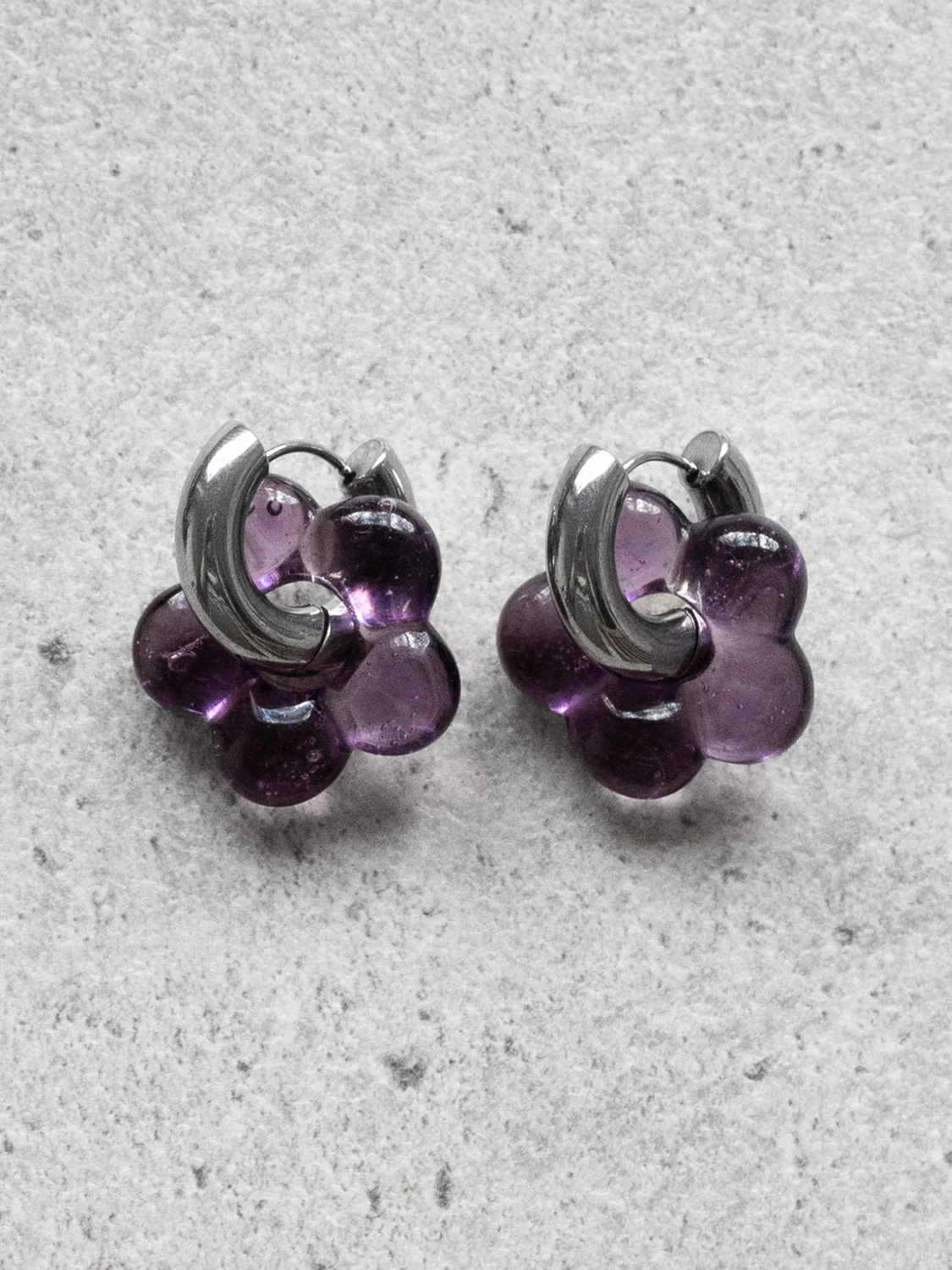 Glass Flower Donut Hoops, Silver - Dark Purple