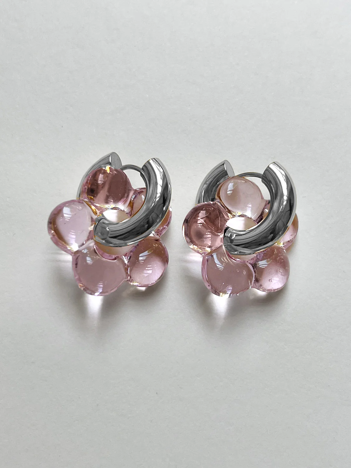 Glass Flower Donut Hoops, Silver - Light Pink