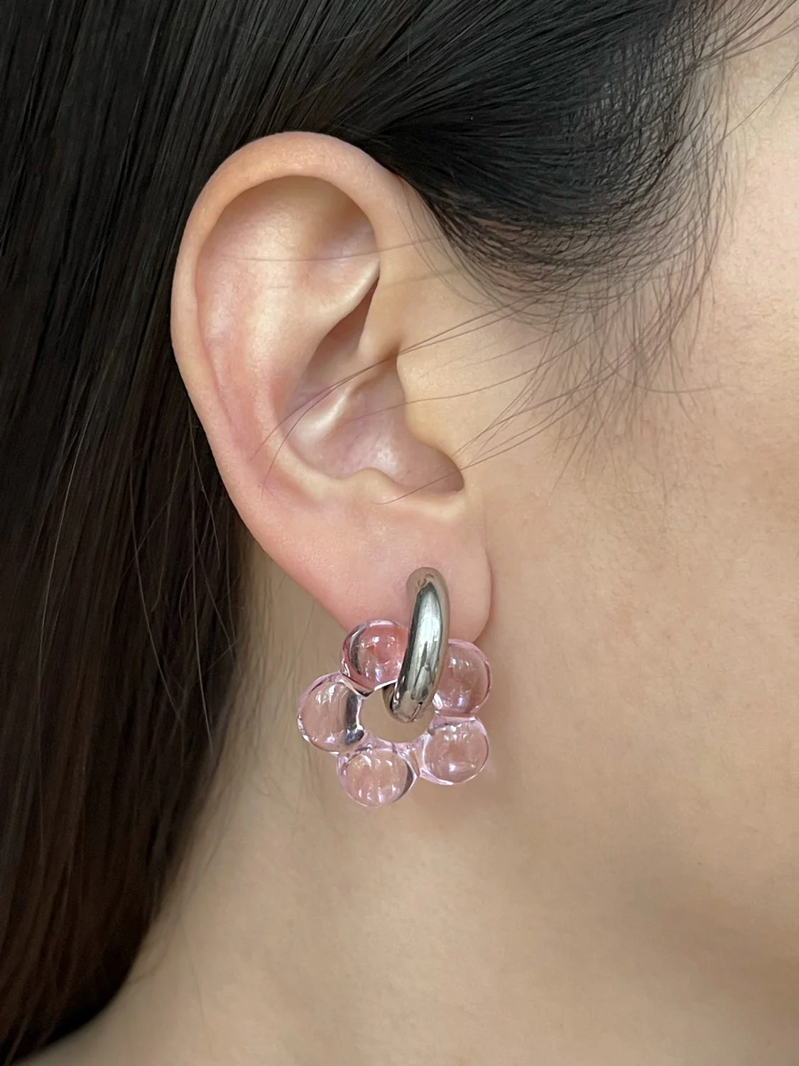 Glass Flower Donut Hoops, Silver - Light Pink - Image 2